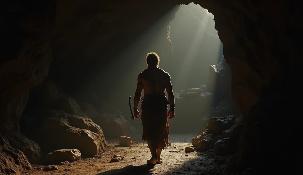 A nearly emancipated and defiant slave exiting a dimly lit cave, with remnants of broken and frayed chains dangling from his arms. This powerful scene is portrayed through high-quality photography, capturing the man's strength and resilience. The view of the man leaving the cave is from inside the cave, and shows him walking towards the light outside the cave, with his back to the image's point of view.