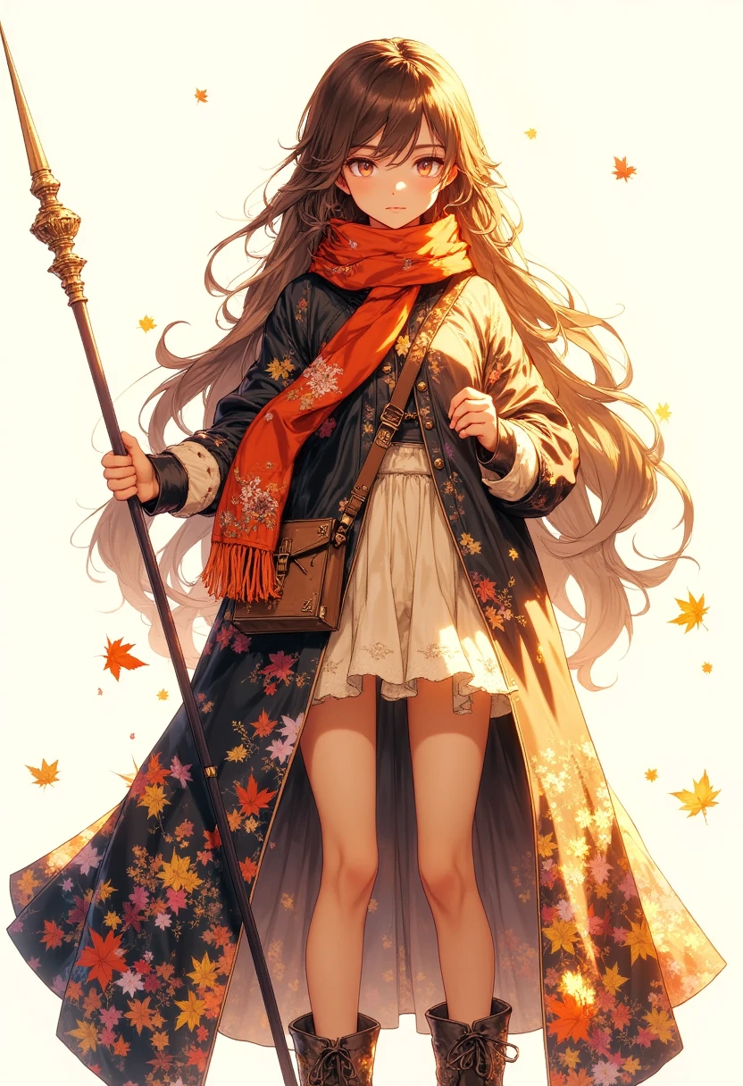 (autumn colored soft layer),(solo),1girl\(long brown hair, cute, autumnal attire, scarf, coat, boots, pinching leaves\(which are shining golden through the sunlight),full body,looking away\\),(from side:1.5), long shot, (simple minimalism white background:1.5), BREAK ,quality\(masterpiece, best quality,8k,wallpaper of extremely detailed CG unit, high resolution, top-quality, top-quality real texture skin, hyper realistic, increase the resolution, RAW photos, best quality, highly detailed, the wallpaper,golden ratio,high saturation realism, vibrant colors, dramatic lighting, persuasive storytelling, atmospheric scenery, captivating visuals, intricate details, strong emotions,dreamlike world\),