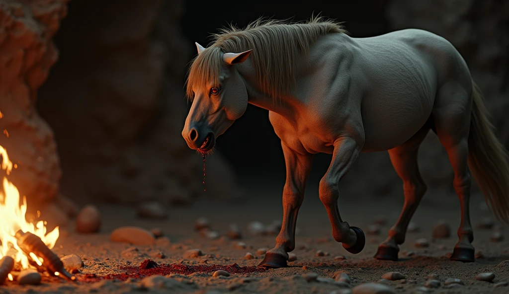 (photorealism:1.2), dead horse shot dead with a gun. Clearly visible bullet entry wound. And a lot of blood from blood loss.