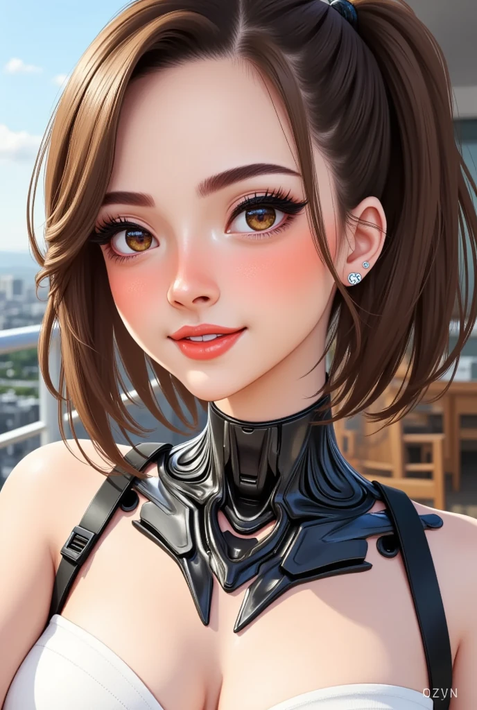 Anime illustration, a woman cyborg, she has seamless robotic parts joined to her neck, vibrant smile, eyeliner