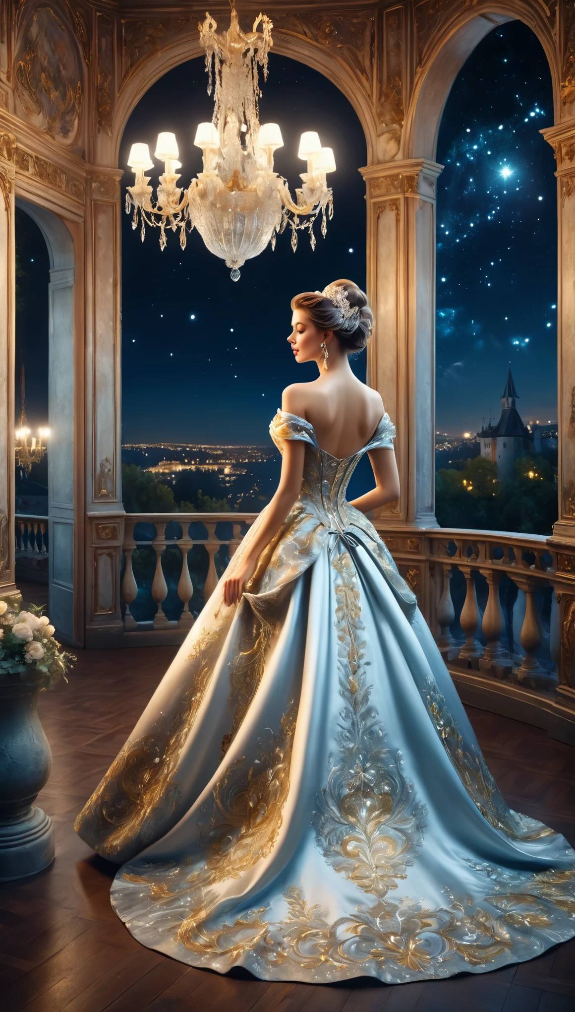   Night dancing in a castle  ,A beautiful woman in an evening dress stands on the balcony,A woman is looking out ,You can see the lights of the castle town at night and the beautiful night sky from the balcony., The dance is performed in a rococo style room  .,chic,  elegant, In a calm atmosphere, photoreal,beautiful,Night view,Structurally correct, anatomically accurate,break,  The evening dress the woman is wearing is so gorgeous , embroidered with silver and gold thread , absurd,Tangled,Intricate details,  The air is full of magic  ,Artwork,rendering,(masterpiece:1.3),(Best Quality:1.4),(Super detailed:1.5), High Resolution , very detailed, Unity 8K Wallpaper 