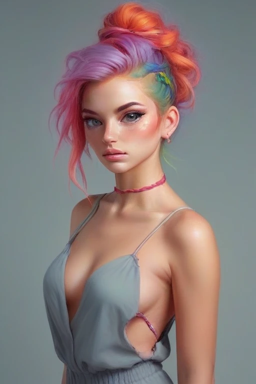 hyper realistic portrait painting of a proud  beautiful woman with  multi-tied hair multicolored hair wearing romper  by Irakli Nadar 