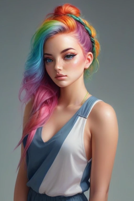 hyper realistic portrait painting of a proud  beautiful woman with  multi-tied hair multicolored hair wearing romper  by Irakli Nadar 