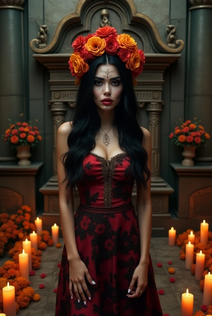 Photoshoot of a beautiful woman with the concept of Dios de los Muertos sitting in a room full of colorful flowers and a sign with the name Ridwangrapher