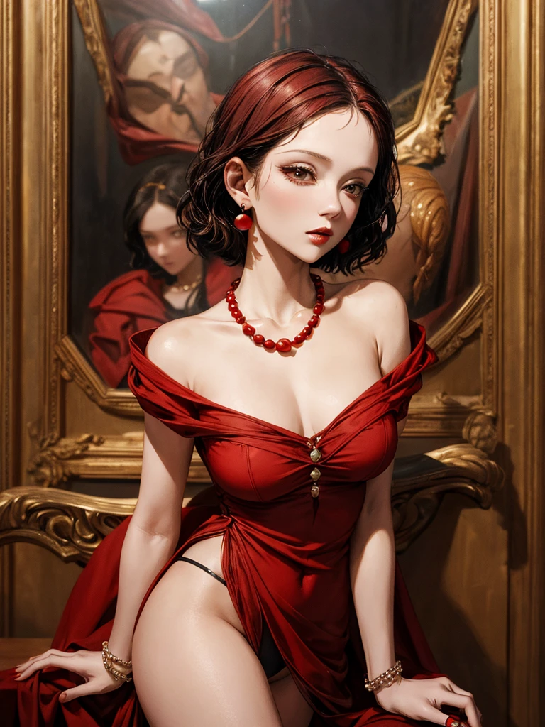 Jenya.d, Oil painting, Renaissance, Leonardo da Vinci style, model, modern style, modern clothing, pop star, cool, short hair red color pearl necklace, earrings, modern makeup, red lipstick, Starry night, dress with black stars, ring, defined strokes  