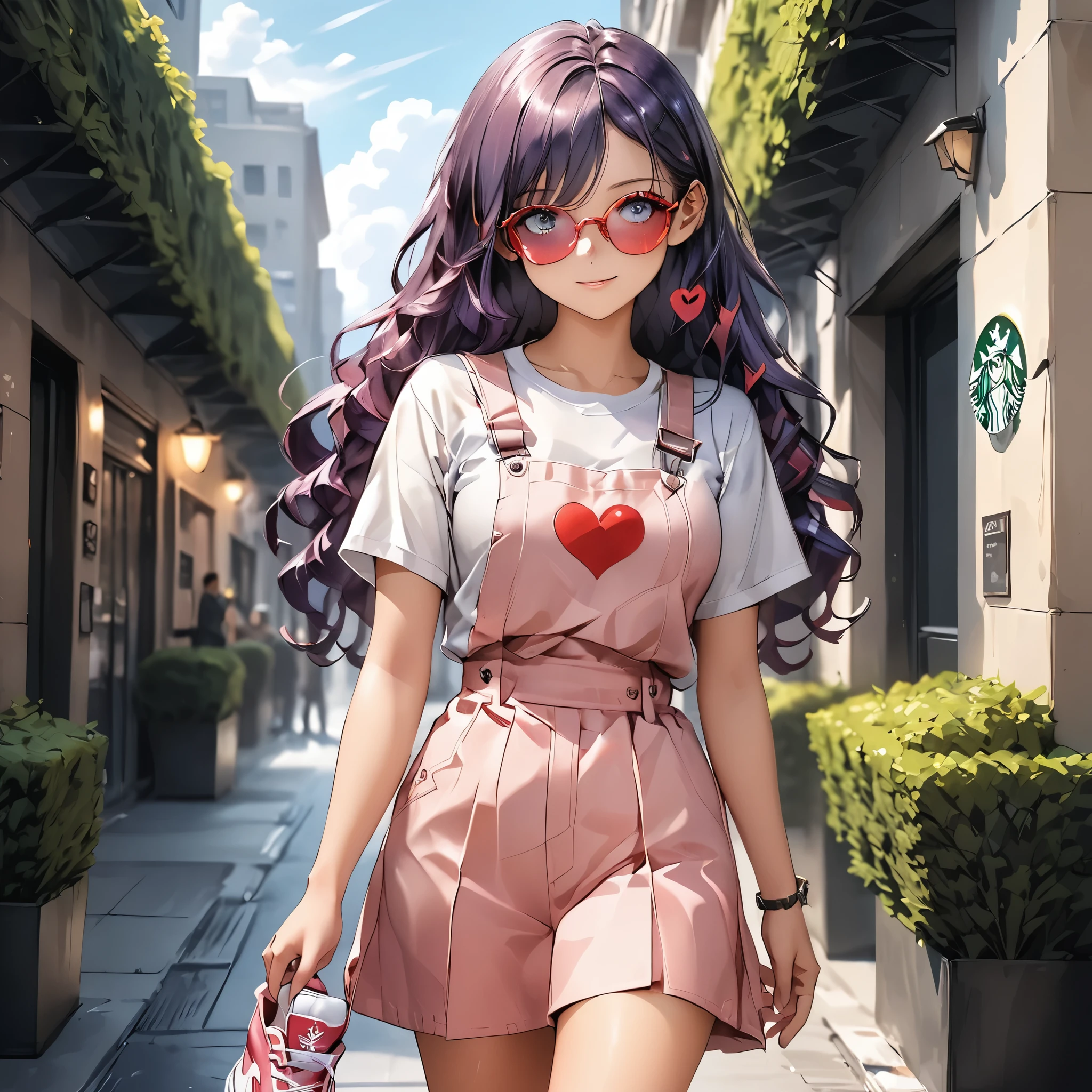 Masterpiece, 4k, HDR, full HD, (best quality), (ultra detailed), (only), intricate ANIME TYPE, best quality, 1girl, very expressive eyes, deep purple hair , hyper beautiful face, purple hair, perfect anatomy, shiny, oily skin, full body, alone (shiny purple hair, long hair), looking at viewer, bright blue eyes, perfect hands, perfect legs, super detailed clothes, intricate clothes, The image shows a young woman standing outdoors in front of a building with shrubbery and flowers in the background. She is wearing a stylish outfit consisting of a light pink overall dress paired with a white T-shirt. She has accessorized her look with heart-shaped red sunglasses and white high-top sneakers. She is holding a Starbucks cup with a pink beverage in her right hand. The overall vibe of the image is casual and trendy, with a touch of fun and youthful energy.