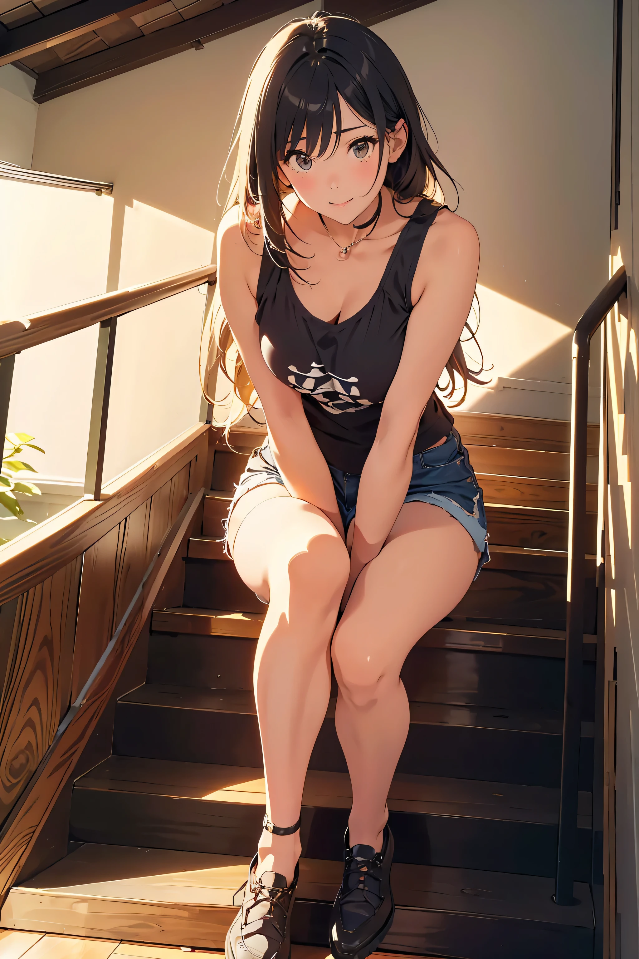  very cute and beautiful adult woman,23 years old, OL, ((Casual clothes)), Droopy eyes, Beautiful legs, Model body type, natural large breasts:1.5, ( very detailed美しい顔), (smile),Black Hair, Semi-long, Seraphim,(Tank tops、short shorts with a short crotch ),  Thighs,  sitting leaning forward on the stairs, Open legs, show panties、(From below),( lace panties , Random Color), Stairs in the park、Distant Tree々and the city, (Best Quality,masterpiece:1.0), absurd, High Resolution ,Super detailed, very detailed,32K,8k resolution,  complicated details,Movie Scene, Detailed Background,Alone,Dynamic Angle,(( photo of a very cute and beautiful adult woman sitting leaning forward on the stairs , Photo from below)),