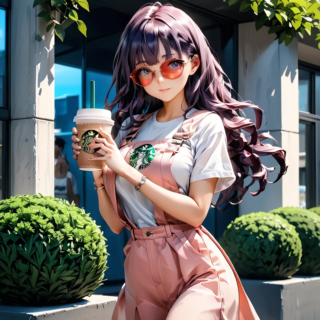 purple hair, ponytail, brown eyes, wearing a blue parka, black turtleneck, leggings, looking at viewer, blush, plainredballgag,ball gag, sitting, on bench, holding a coffee cup, outside, park, field, trees, autumn, snow, blue sky, high quality, masterpiece,