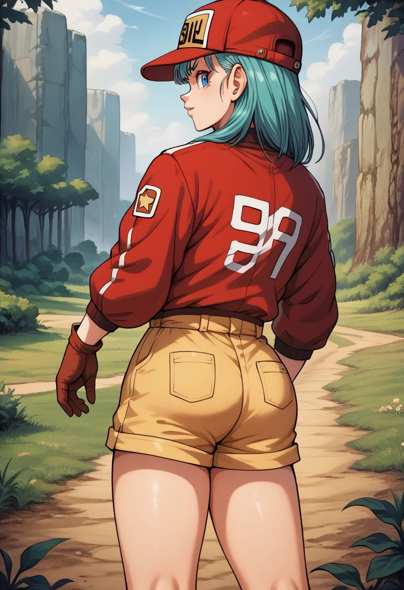  score_9,  score_8_up,  score_7_up, break,  score_9, Bloomers \( Dragon Ball\), Aqua Hair, blue eyes, bangs, gloves, clavicle,  jacket, eyelash,  straight hair,  Write clothes , red  jacket, Brown gloves, zipper,  Brown Shorts , Baseball cap, fringe_trim, Draw a hat ,  viewers,  cowboy shot that makes me dream violently, teeth, from behind, forest