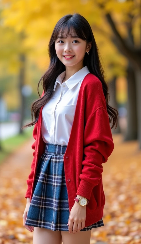 Side view,  standing pose, fission model pose,   on ground, in park , autumn, yellow and red leaves,   looking at viewer, beautiful young Japaneses girl,  -agJK girl, (Black hair , long hair , fringe, beautiful dark brown eye, smile, earing), (C cup breasts, wide hip, stylish body), ( White shirt, red wool cardigan, mini gather skirt , blue tartan-check pattern ,red hi-heal, lady's watch) (super detail, high details, high quality, accurate, anatomically correct, textured skin, beautiful fingers super detail, high details, high quality, best quality)