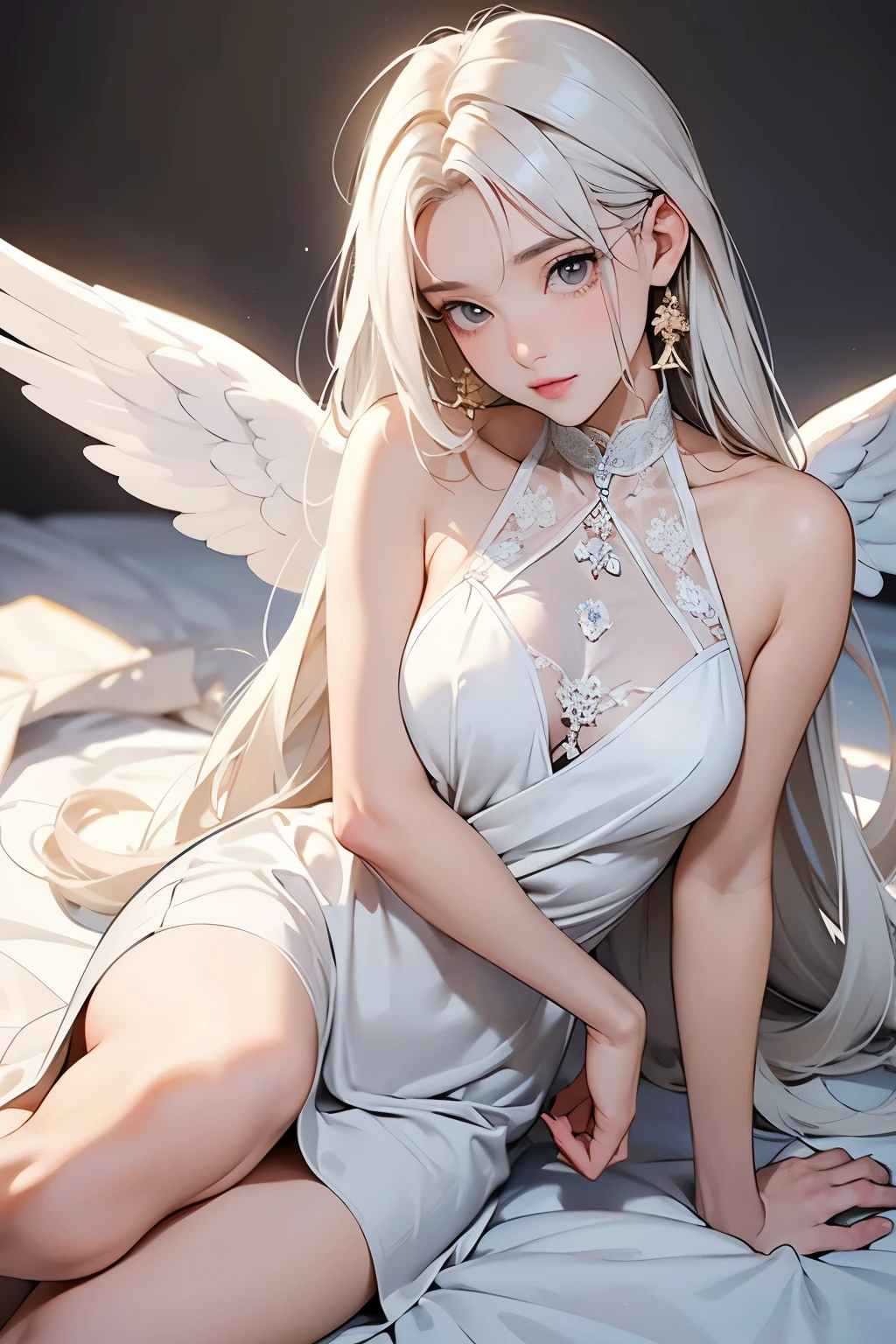 ((Need)), ((tmasterpiece)), (A detailed), Enchanting succubus, Ethereal beauty, Perched in clouds, (fantasy illustrations:1.3), Seductive gaze, captivating posture, delicate wings, otherworldly charm, Mysterious Sky, (Luis Royo:1.2), (Yoshitaka Amano:1.1), Moon Night, pastelcolor, (Detailed cloud view:1.3), (A high resolution:1.2),Close-up shot,Close-up shot,Black eyes,Detailed beautiful eyes,angelicales,White wings
