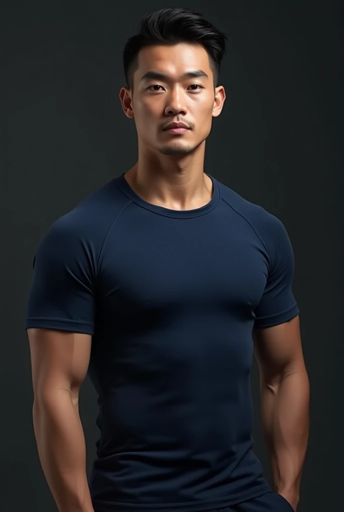 A handsome, muscular young Asian man looks at the camera. In a simple t-shirt white and red , Fieldside, grass, beach, sunlight, Carrying a camera