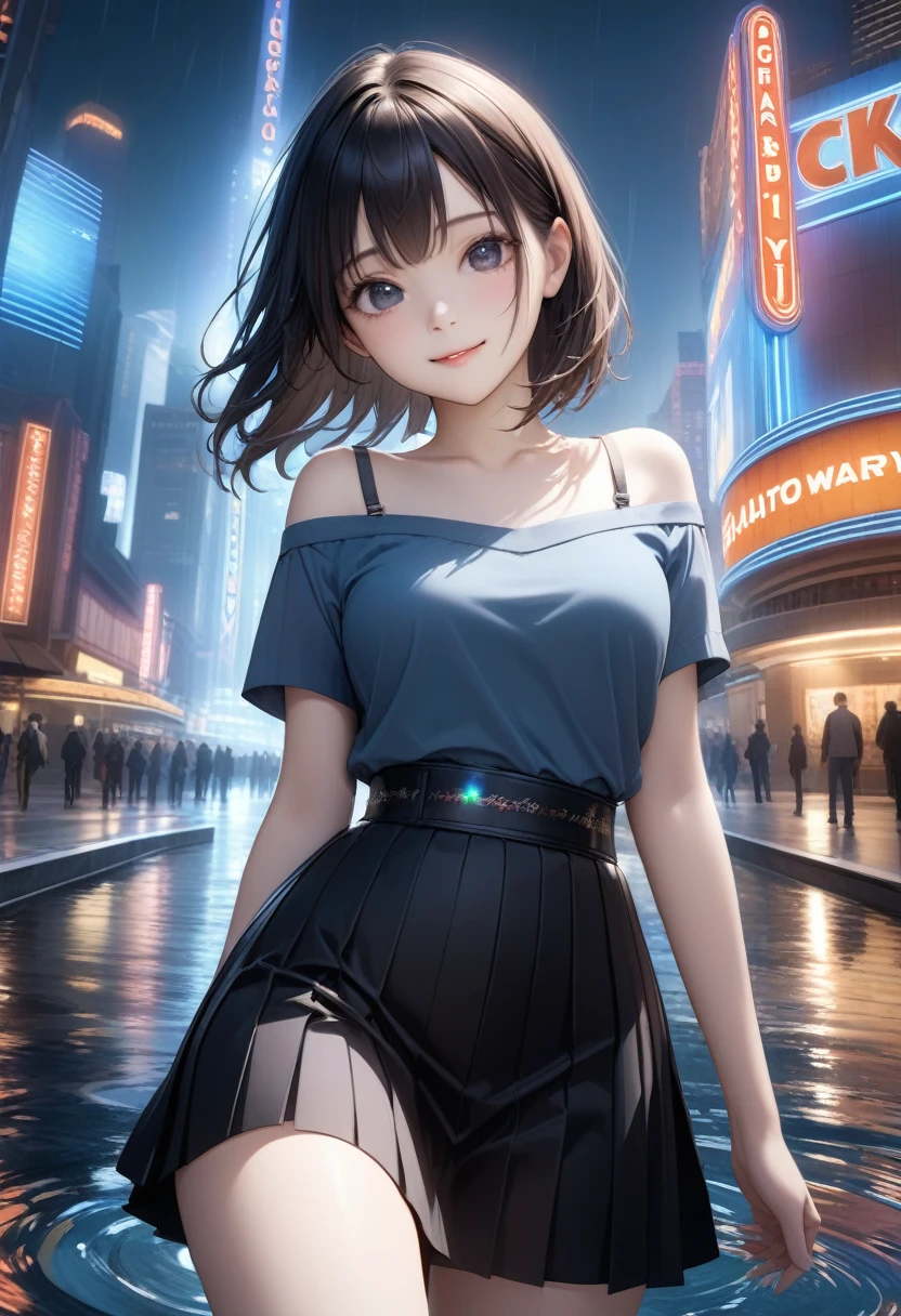 ((masterpiece, Highest quality, Very detailed)),
((natural cinematic lighting)),
One girl, 20 years old, gal-style makeup, black hair, bob cut, swept bangs, BREAK ((black eyes)), ((big eyes, droopy eyes)), thick thighs, medium breasts,
((lots of pierced earrings, silver chain necklace, silver bracelet)), ((bare belly button, belly piercing)),
looking at viewer, cowboy shot,
smile, ((open mouth)),
random porn pose,
BREAK ((sleeveless white dress shirt)), (cleavage), ((black pleated mini skirt with belt)),
(beautiful scenery), (panoramic view:1.3), ((Night City:1.3)), city, lanterns, street, (neon lights:1.1), starry sky overhead, (public:1.2),
