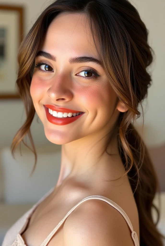 A photography of Kiki looking away, vibrant smile, close up portrait 