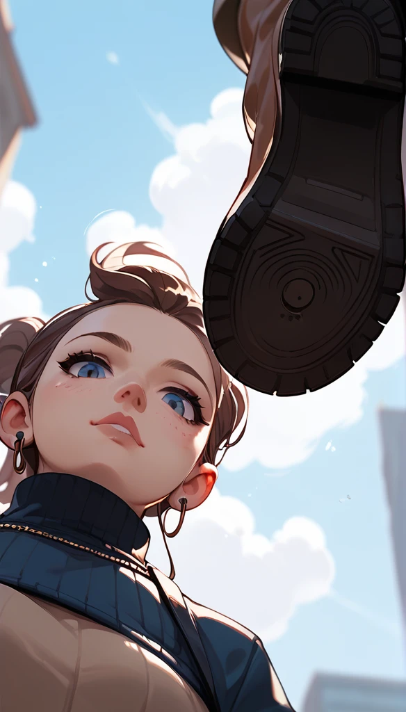 Anime Women, thigh boots, Alone, close-up of boots sole, raised leg, Stomping on face, looking down, from below,low angle,worm’s eye view,worm’s-eye view, Point of View Shot