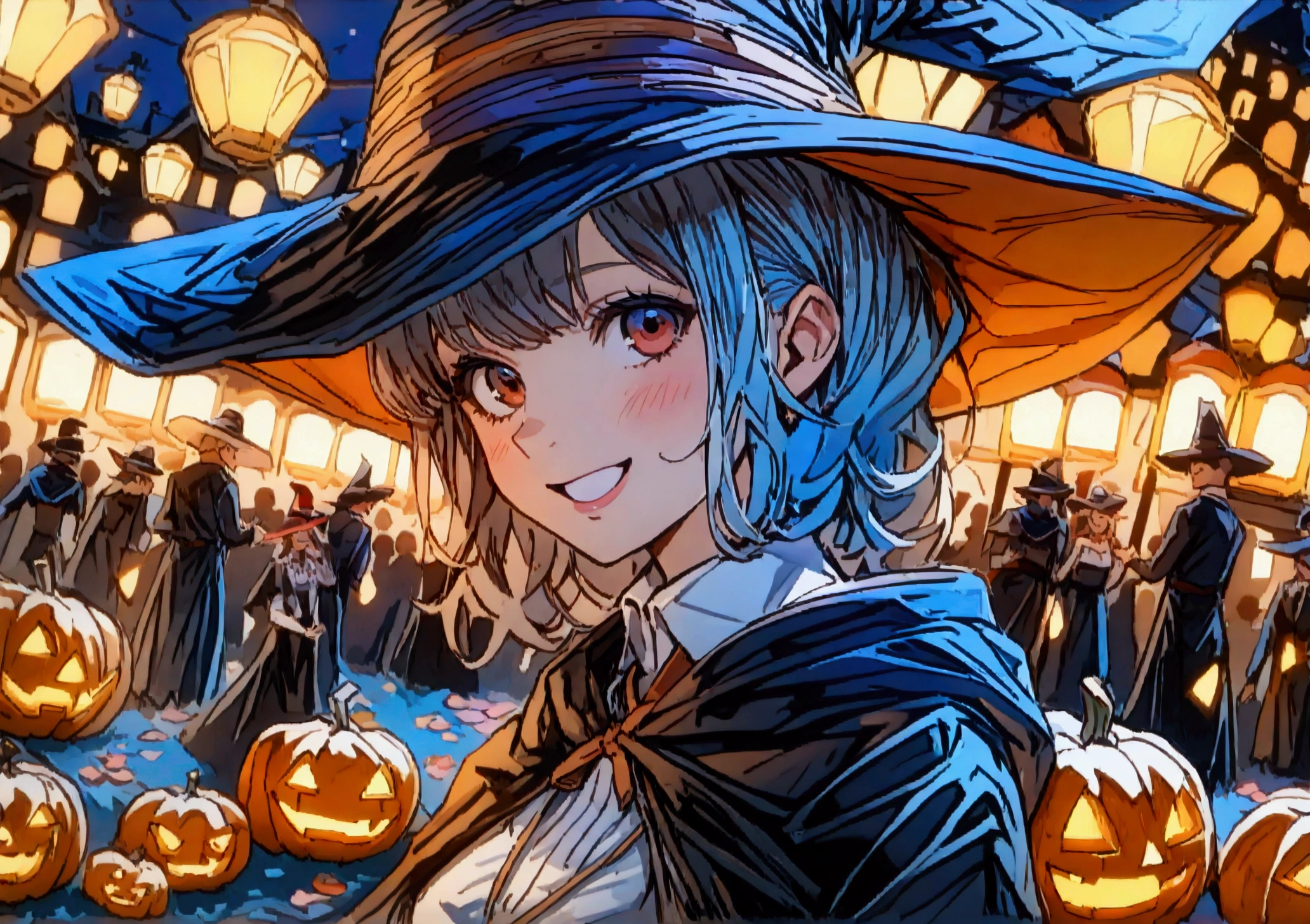 Absurd,  High Resolution , Super detailed, ( 1 girl:1.3) , Halloween witch, ((Beautiful smile)), Wizard's Robe, Wizard&#39;s Hat,  jack-o-lantern, night, moonlight,
break, Halloween atmosphere,(bust:1.5),
 , Kaleidoscope-like images, Symmetrical pattern, Vibrant colors, Geometric shapes, Captivating Design, Optical illusion, dynamic composition
break
, Pantomime Art, Expressive body language, Silent Storytelling, Emotional gestures, Visual storytelling, theatrical performances
break
, Blooming pumpkin,  colorful petals , Fragrant Scent, Blessings of Nature, Vibrant Gardens, Serene landscape,(Wide angle:1.5)