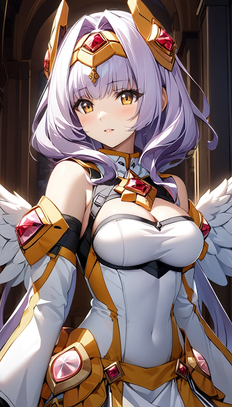 ((Best Quality)), ((masterpiece)), (detailed), （ perfect face）、 in Xtia Magica that woman has light purple hair、That woman was blessed by God 、 brainwashed to become an angel loyal to God 、Exs tia magica