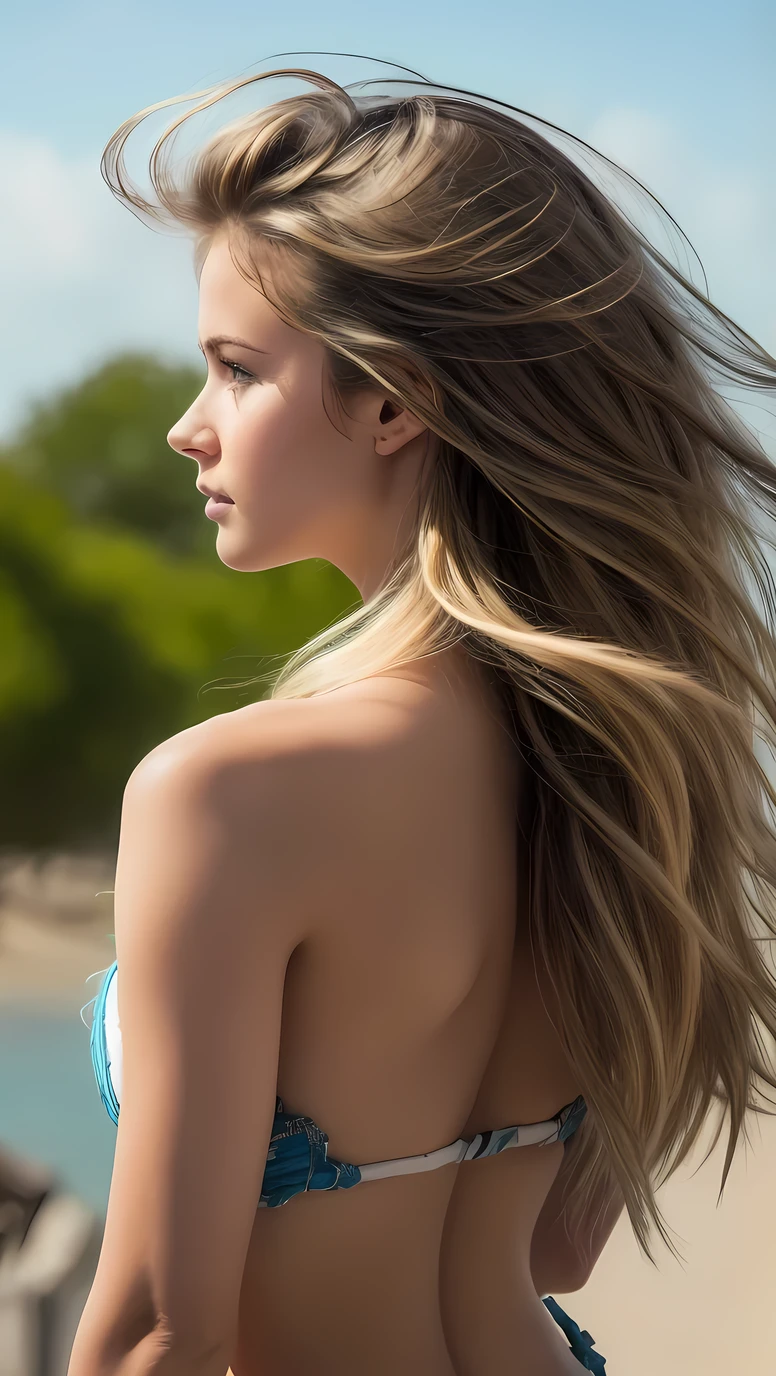 ((best quality)), ((masterpiece)), (detailed), perfect face, detailed eyes, (best quality), (detailed skin:1.3), (intricate details), blonde hair, long hair, floating hair, big hair, pointy ears, She shows her back, back view, She turns around and looks at, Her lush hair is blown up by the wind, Wind blowing up from the bottom, hair blown up by the wind, seaside