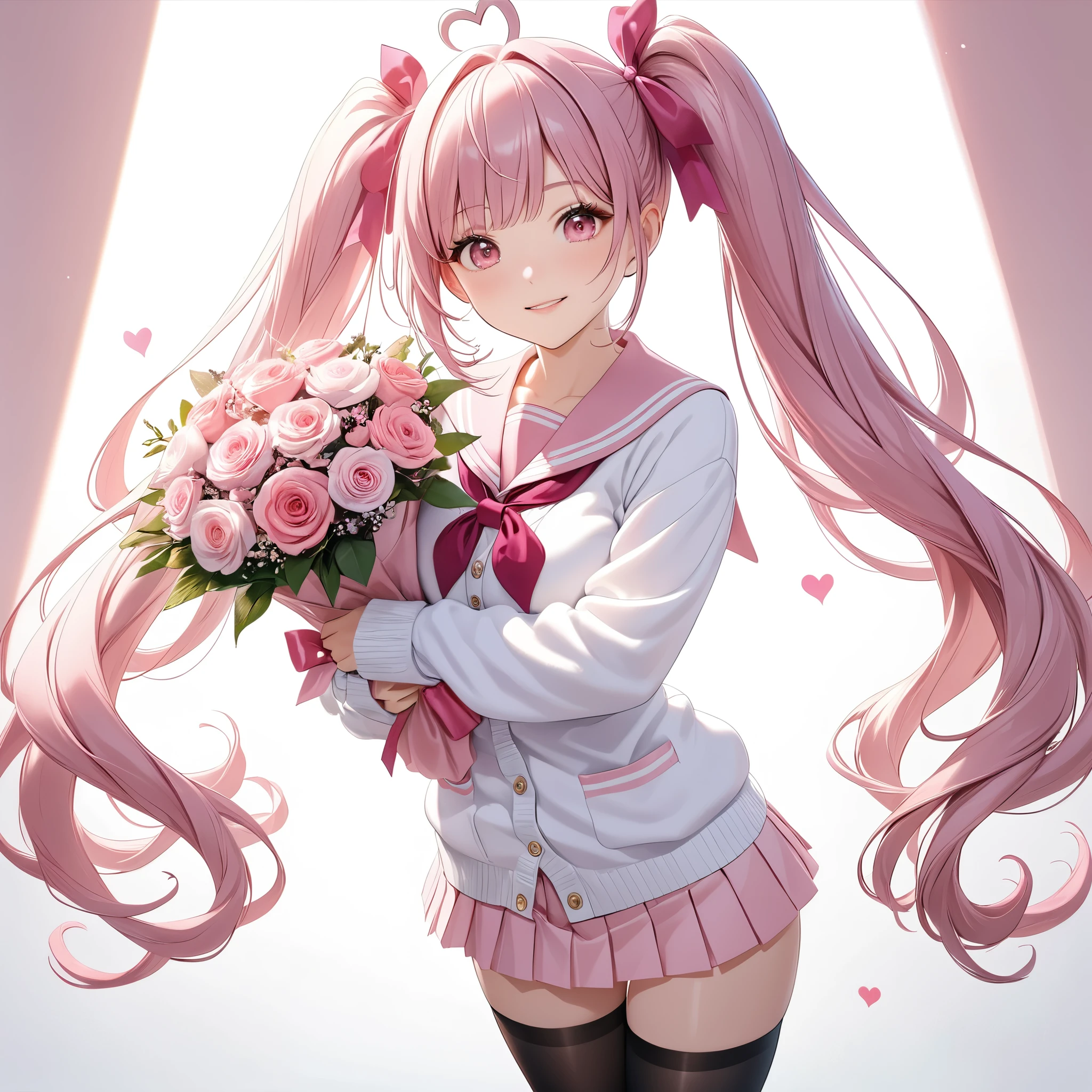 (8K, masutepiece, Best Quality, Official art, beautiful detailed, beautiful lighting, best masterpiece in history that exceeds limits), (1 Girl, Solo), (), (beautiful detailed face), (shiny white skin), (Beautiful big bust, cleavage, thighs:1.3), (beautiful detailed pink twin tails hair, Bangs, heart ahoge:1.3), (beautiful detailed drooping pink eyes:1.5), (high school uniform:1.3), (white loose long sleeves long length cardigan, overly long sleeves, patsel pink sailor collar, pastel pink pleated skirt, patsel pink ribbon:1.3), (black_legwear, zettai_ryouiki, thigh_gap:1.2), (happy smile:1.2), (have a pink flowers bouquet, Attractive, look at audience, cute pose:1.3), (simple white plain background:1.5),