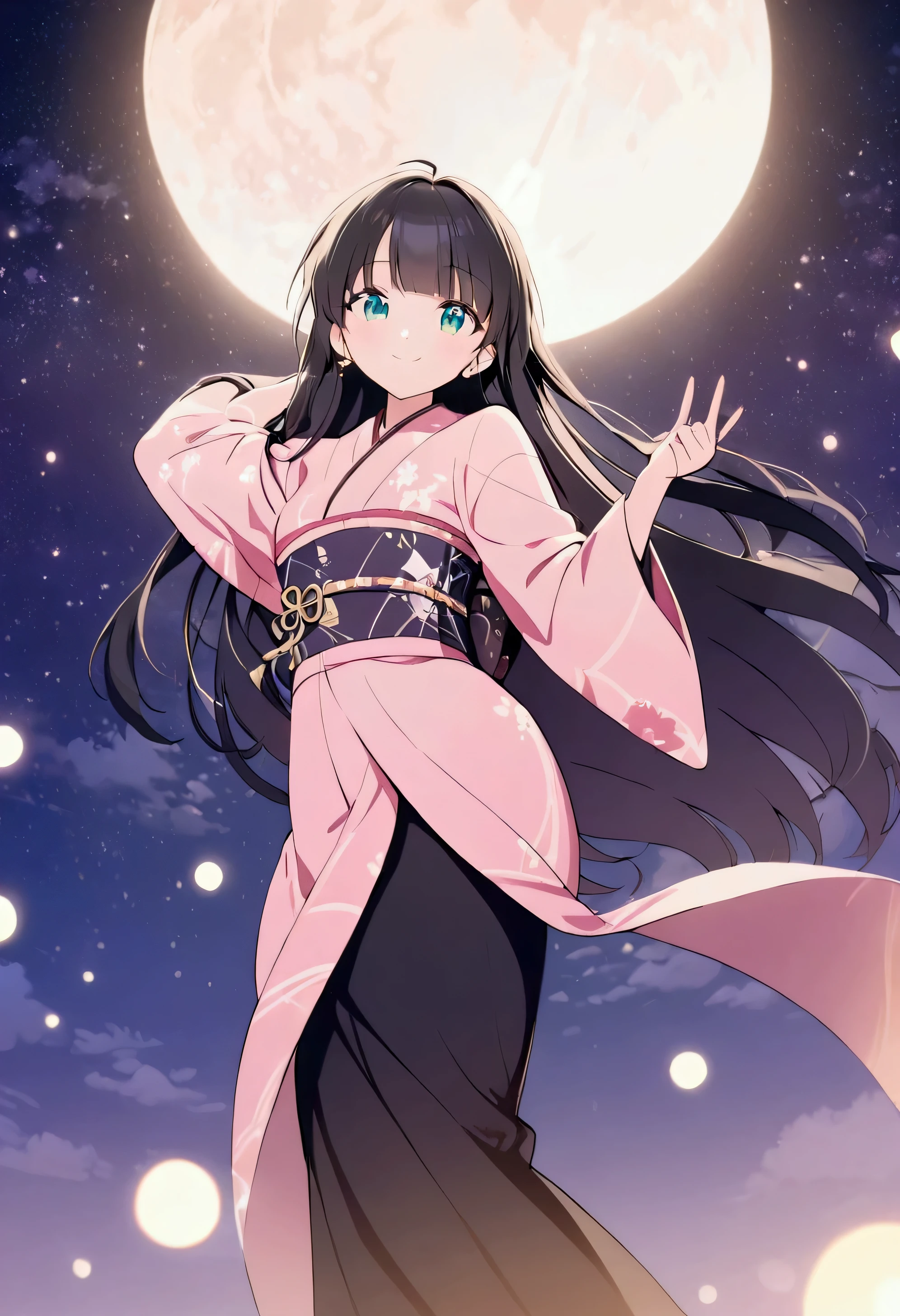 Best Quality、8k、masterpiece:1.3、 Japanese anime style、people々girl、1people、1peopleで、Petite、Glamorous Body、curve、cute、Smiling quietly、Beautiful long black hair、 beautiful emerald green eyes 、 wear a kimono made of pink fabric、Dancing in the moonlight、The background is a big full moon and stars 々is、