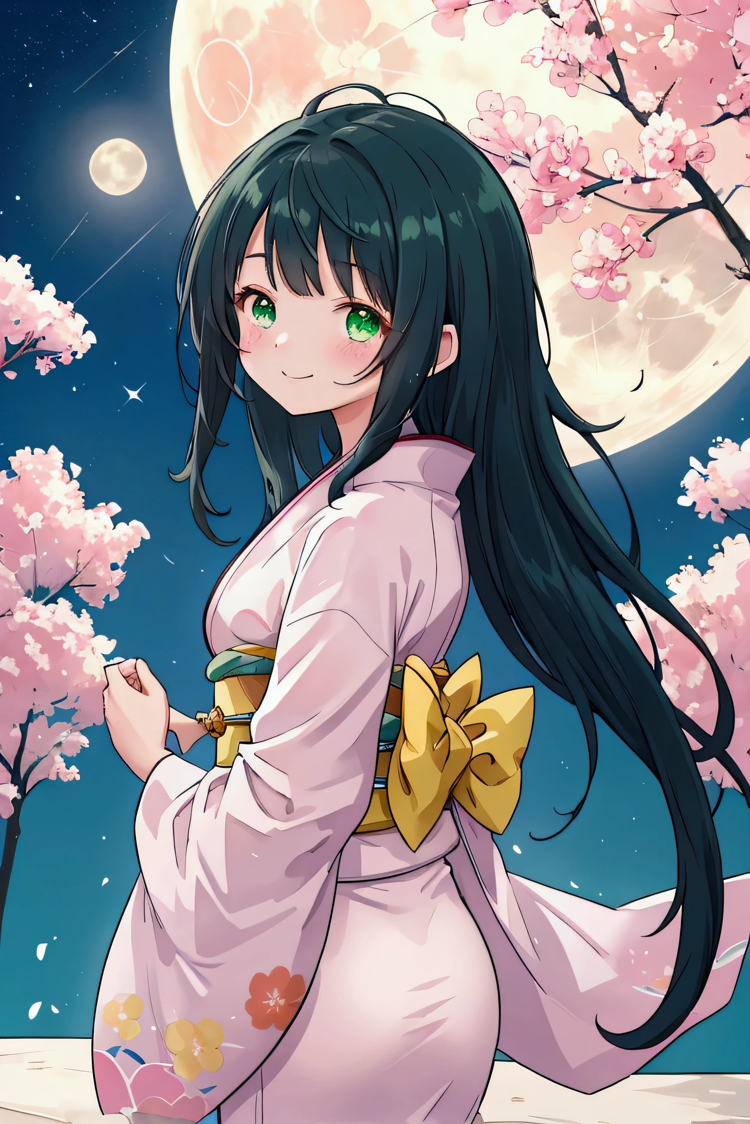 Best Quality、8k、masterpiece:1.3、 Japanese anime style、people々girl、1people、1peopleで、Petite、Glamorous Body、curve、cute、Smiling quietly、Beautiful long black hair、 beautiful emerald green eyes 、 wear a kimono made of pink fabric、Dancing in the moonlight、The background is a big full moon and stars 々is、