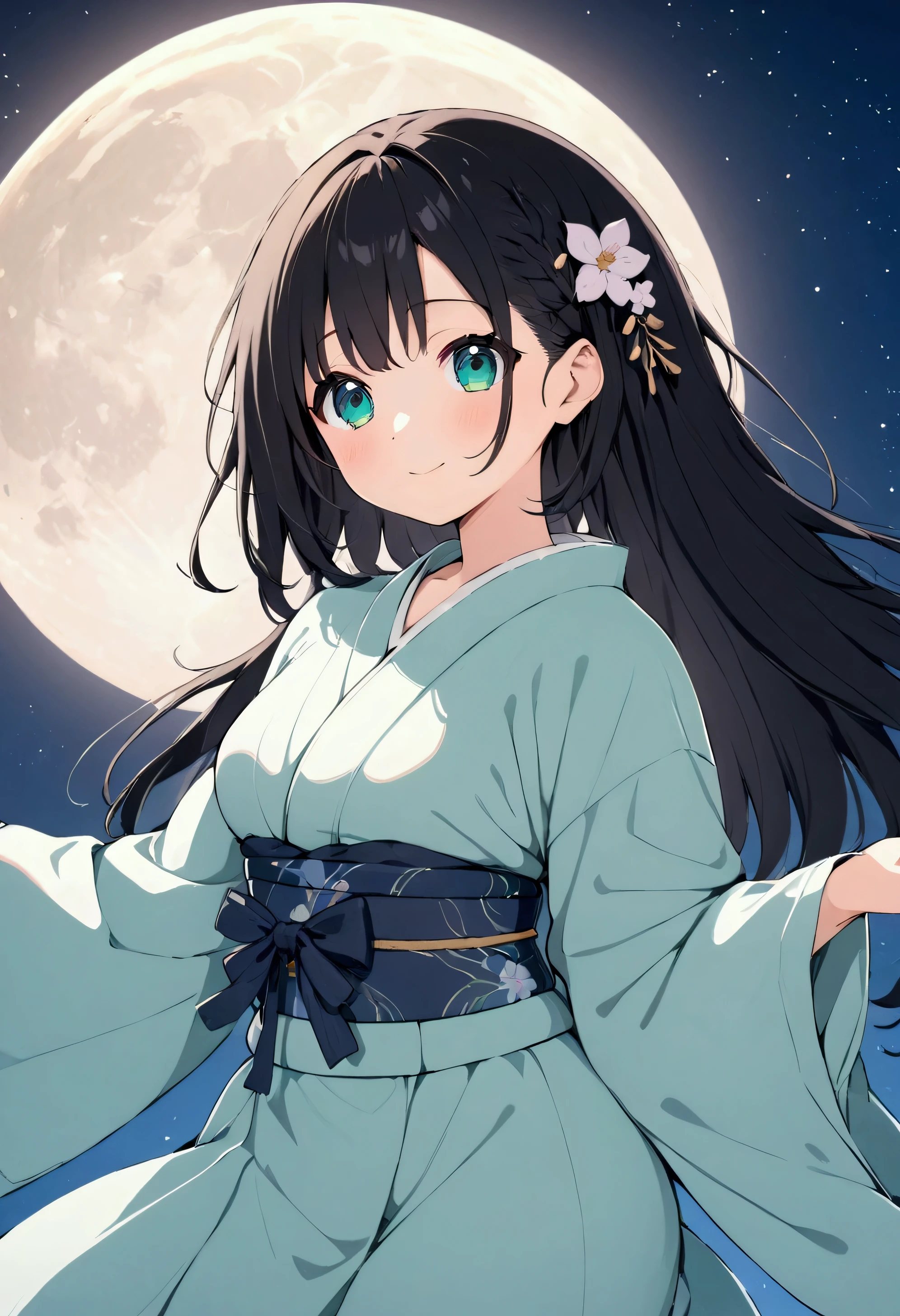 Best Quality、8k、masterpiece:1.3、 Japanese anime style、people々girl、1people、1peopleで、Petite、Glamorous Body、curve、cute、Smiling quietly、Beautiful long black hair、 beautiful emerald green eyes 、 wear a kimono made of pink fabric、Dancing in the moonlight、The background is a big full moon and stars 々is、