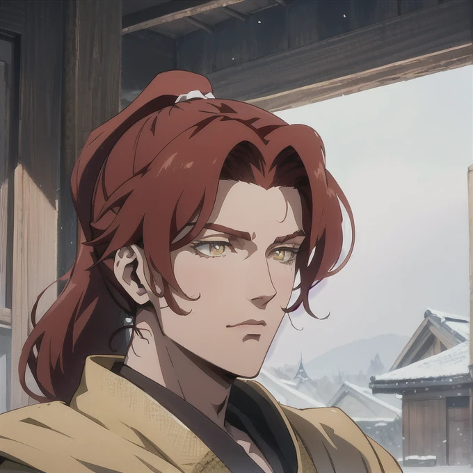 full portrait of a masculine handsome young man ((solo)) in shinobi dark clothes, square jaw, with very long unruly red hair in a ponytail, with hazel yellow eyes, anatomically correct. elegant posing. Highly detailed, In shin-hanga style of Yoshida Hiroshi, absurdres, masterpiece
