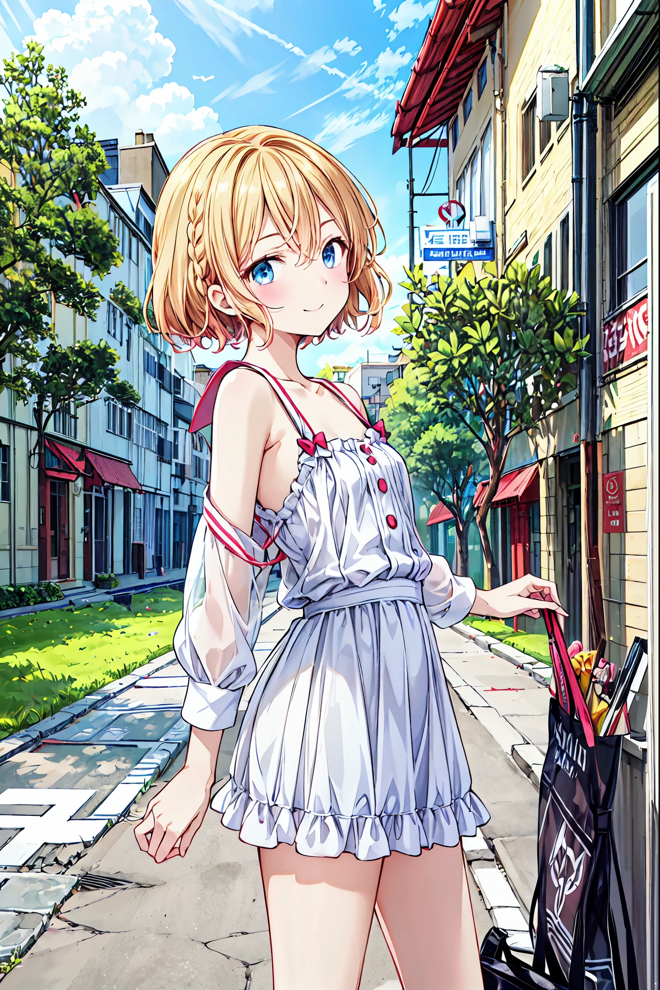 ( cute girl :1.3)、 smile,Summer atmosphere、Plain T-shirt、Brown Hair、 (3),Look at the sky,Small breasts, flat chest,((Pay back)), ( very detailed), (High Resolution CG Composite 8K Wallpaper ), 高いly detailed, For high-resolution RAW color photos , Professional photos , The depth of the boundary described by ,Brown Hair, shortcuts ,Messy Hair,Short braided hair,Neat,Slender beauty,hole々Positive Attitude,Small breasts,Beautiful legs, Her Enchanting Gray-Blue Eyes 、 Shine Like Stars in High Res RAW Color Photos,Vibrant colors, beautiful eyes,繊細なsmile, textured skin ,The best品質、The best, gentle and beautiful woman , anime style、