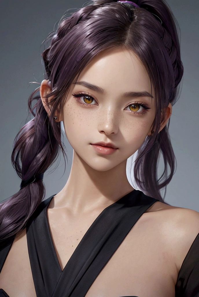 
Appearance
close-up portrait, detailed face, piercing eyes, confident expression, 1girl)),((alone)),masterpiece, best quality, Extremely detailed, illustration, Epic Lighting, Composition, Isometric,(hexagon:1.2), 1 Girl,Create an extremely detailed drawing of yoruichi shihouin's face. Focus on her expressive eyes, sharp features, and serious expression. Pay attention to the texture and flow of her short, straight hair. Solo, freckles, lips, gradient hair, (, solo, long hair, breasts, looking at viewer, blush, large breasts, thighhighs, gloves, bare shoulders, yellow eyes, ponytail, purple hair, thighs, sky, day, black thighhighs, cloud, dark skin, leotard, dark-skinned female, blue sky, sideboob, covered navel, muscular, highleg, abs, black leotard, highleg leotard, muscular female, Lovely smile, Use a range of shading techniques to add depth and realism, ensuring smooth transitions and fine details like eyelashes, eyebrows, and any facial marks.,)),Particle Effects, (8K:1.1),sexy body, soft smile expression, large breasts, looking at the viewer, clean skin, makeup, facial, eyelashes,soft red eyeliner,blush(((( extremely detailed realistic hairs )))))((((( focus on her face,hair,eyes,nose,mouth,ears,body ))))))
((( Close up portrait )))
Japanese  beautiful cute girl
( Flower Garden background )

(( Purple beautiful wavy ponytail hair))