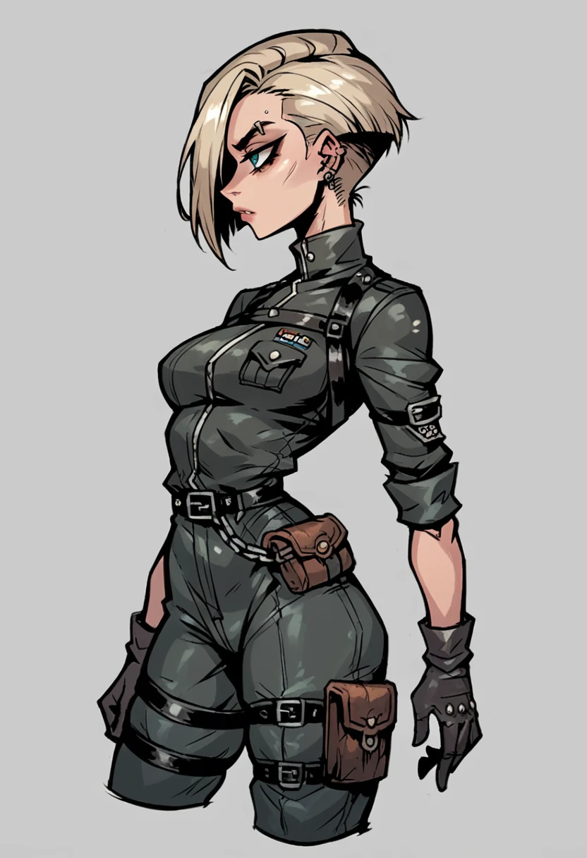  Draw a female character with a female character One aesthetics that mixes the tactical and psychological look of special operations with provocative BDSM elements. She wears a fitted black leather uniform giving a military air., More seductive. Your eyes are piercing. She has metal chains wrapped around her arms,  connected to small technological devices attached to your gloves .  Leather belts with buckles adorn her waist and thighs ,  next to stylized holsters ,  suggesting a mix of military equipment and BDSM accessories . Profile view