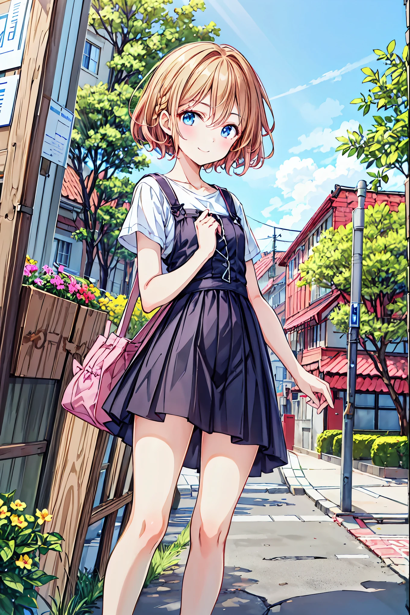 （ cute girl :1.3）、 smile,Summer atmosphere、Plain T-shirt、Brown Hair、　(3)，Look at the sky，Small breasts，   flat chest，((Pay back)), (   very detailed), (High Resolution CG Composite 8K Wallpaper ), 高いly detailed,   For high-resolution RAW color photos ,   Professional photos ,   The depth of the boundary described by  ,Brown Hair，   shortcuts ，Messy Hair，Short braided hair，Neat，Slender beauty，hole々Positive Attitude，Small breasts，Beautiful legs，  Her Enchanting Gray-Blue Eyes 、 Shine Like Stars in High Res RAW Color Photos，Vibrant colors,   beautiful eyes,繊細なsmile,   textured skin ,The best品質、The best,   gentle and beautiful woman   ,   anime style､