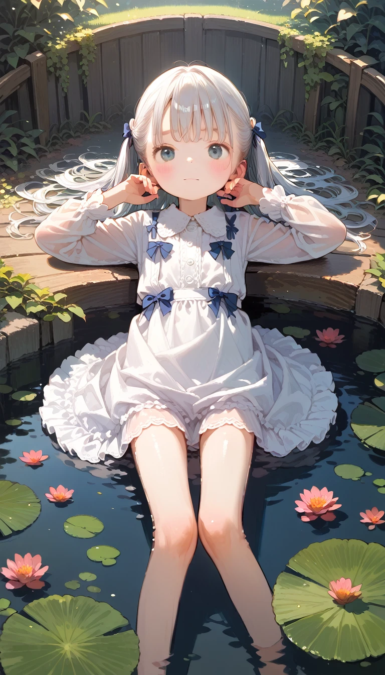  near the pond, (White clothes), Fresh color scheme, there's a stuffed toy, Gallery Art, Popular CG Station, Li Song&#39;s illustrations, Soft Anime, standing on a water lily pad,  sitting on a lotus flower , Cute digital art e meticulosa,  cute art style , In the lagoon, Yang Jay., Cute digital art, Gwitz, There's a girl sitting on a leaf 