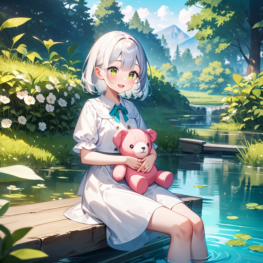  near the pond, (White clothes), Fresh color scheme, there's a stuffed toy, Gallery Art, Popular CG Station, Li Song&#39;s illustrations, Soft Anime, standing on a water lily pad,  sitting on a lotus flower , Cute digital art e meticulosa,  cute art style , In the lagoon, Yang Jay., Cute digital art, Gwitz, There's a girl sitting on a leaf 