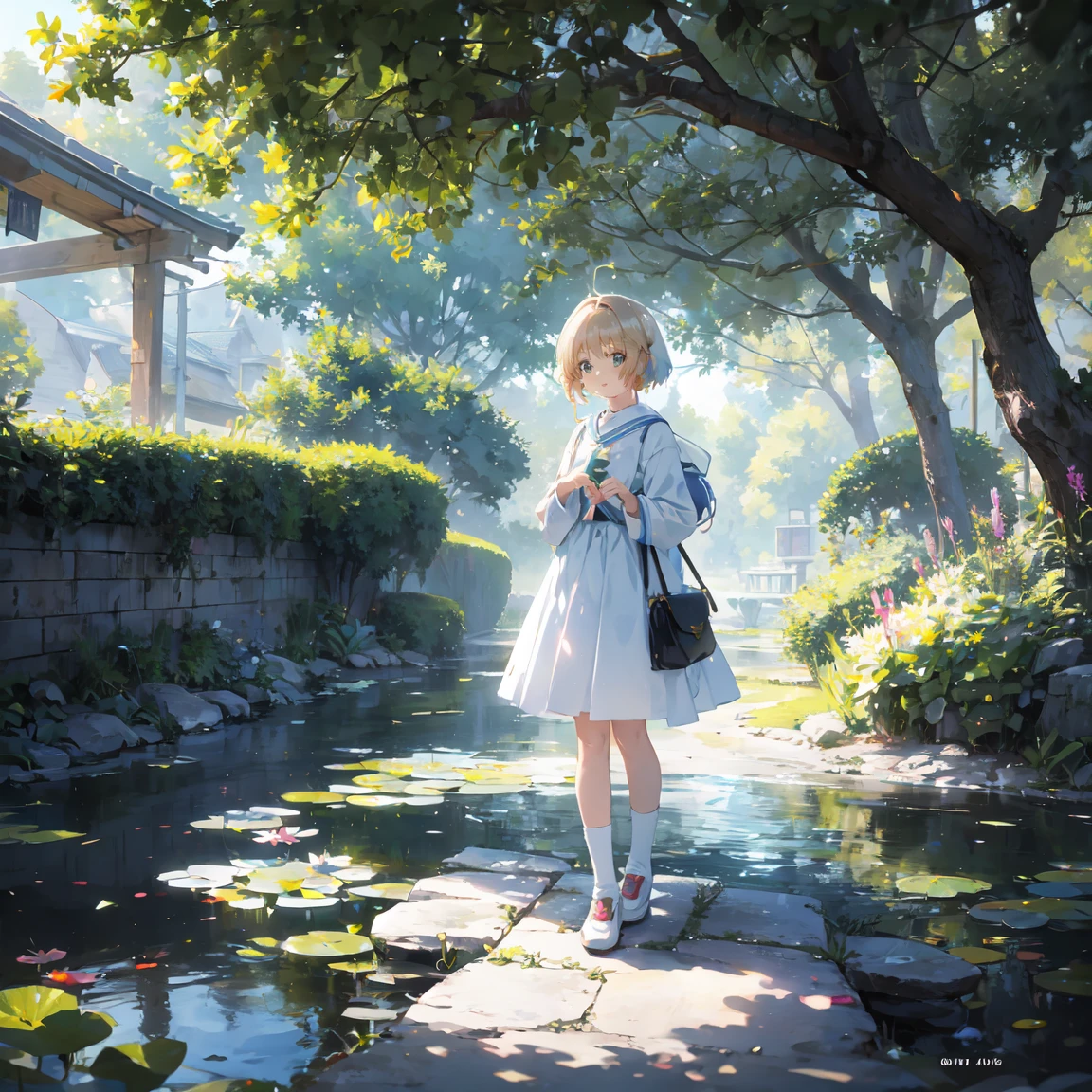  near the pond, (White clothes), Fresh color scheme, there's a stuffed toy, Gallery Art, Popular CG Station, Li Song&#39;s illustrations, Soft Anime, standing on a water lily pad,  sitting on a lotus flower , Cute digital art e meticulosa,  cute art style , In the lagoon, Yang Jay., Cute digital art, Gwitz, There's a girl sitting on a leaf 