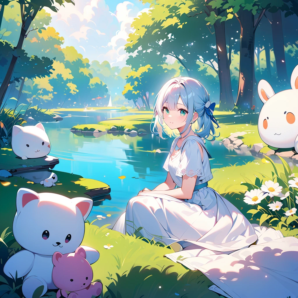  near the pond, (White clothes), Fresh color scheme, there's a stuffed toy, Gallery Art, Popular CG Station, Li Song&#39;s illustrations, Soft Anime, standing on a water lily pad,  sitting on a lotus flower , Cute digital art e meticulosa,  cute art style , In the lagoon, Yang Jay., Cute digital art, Gwitz, There's a girl sitting on a leaf 