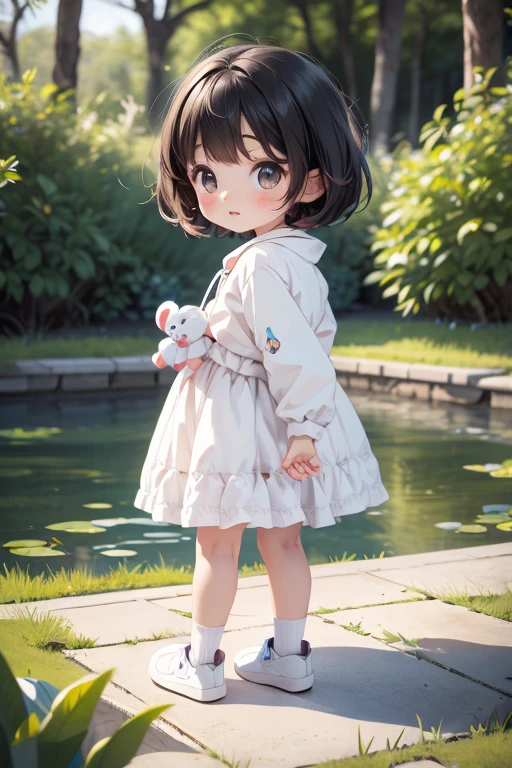  near the pond, (White clothes), Fresh color scheme, there's a stuffed toy, Gallery Art, Popular CG Station, Li Song&#39;s illustrations, Soft Anime, standing on a water lily pad,  sitting on a lotus flower , Cute digital art e meticulosa,  cute art style , In the lagoon, Yang Jay., Cute digital art, Gwitz, There's a girl sitting on a leaf 