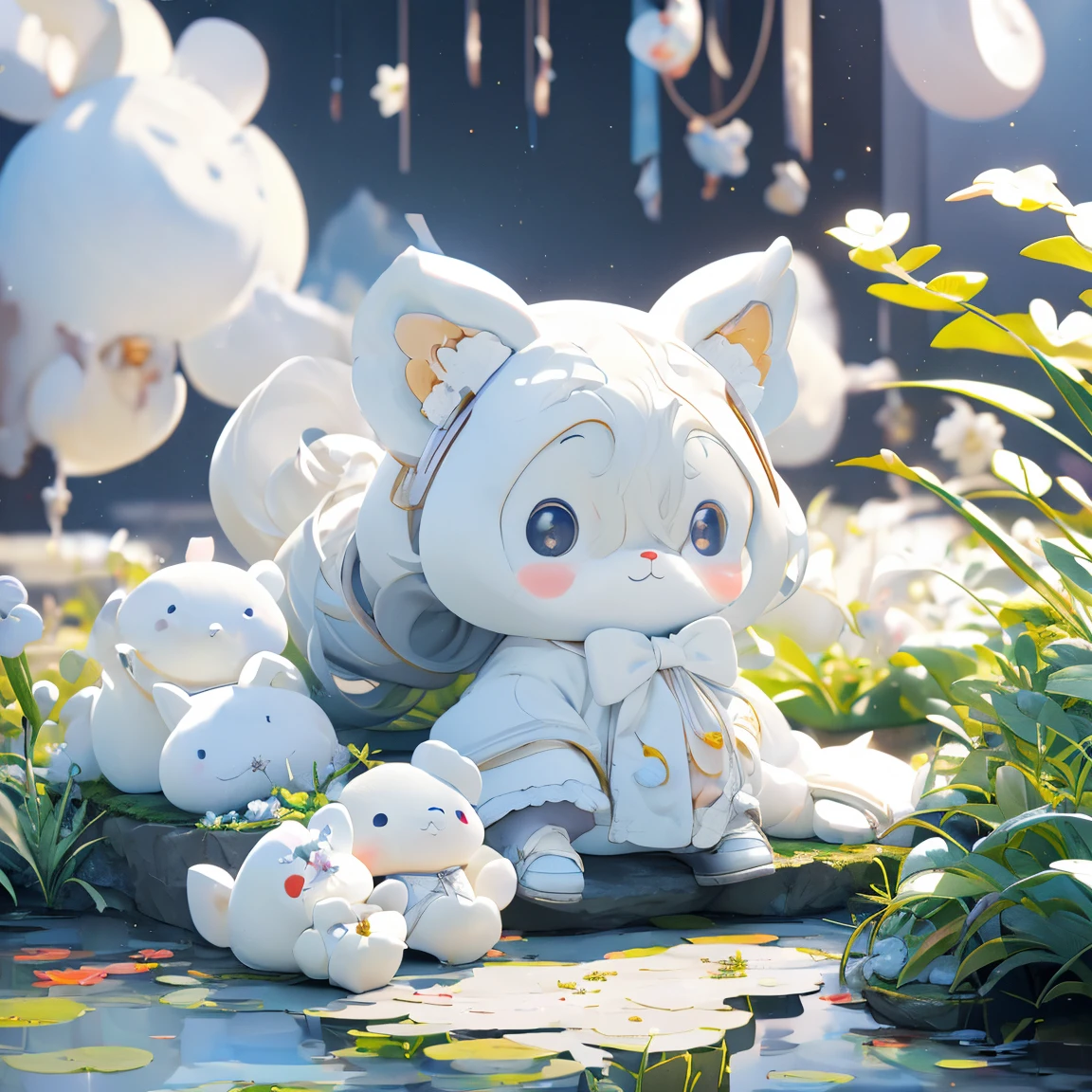  near the pond, (White clothes), Fresh color scheme, there's a stuffed toy, Gallery Art, Popular CG Station, Li Song&#39;s illustrations, Soft Anime, standing on a water lily pad,  sitting on a lotus flower , Cute digital art e meticulosa,  cute art style , In the lagoon, Yang Jay., Cute digital art, Gwitz, There's a girl sitting on a leaf 