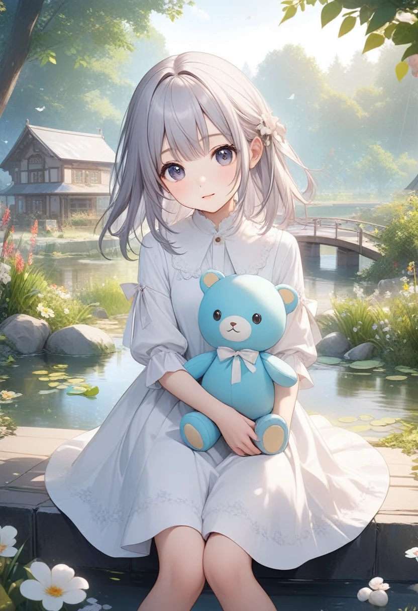  near the pond, (White clothes), Fresh color scheme, there's a stuffed toy, Gallery Art, Popular CG Station, Li Song&#39;s illustrations, Soft Anime, standing on a water lily pad,  sitting on a lotus flower , Cute digital art e meticulosa,  cute art style , In the lagoon, Yang Jay., Cute digital art, Gwitz, There's a girl sitting on a leaf 