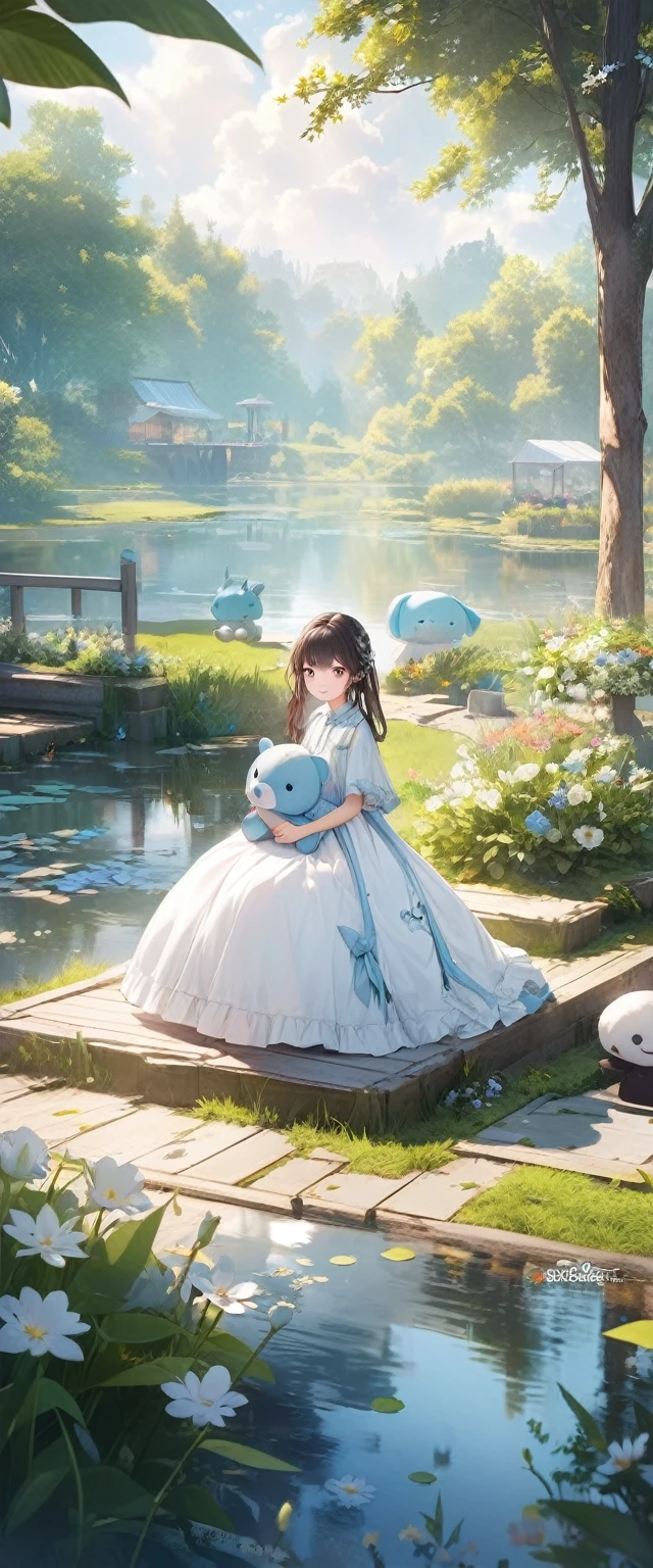  near the pond, (White clothes), Fresh color scheme, there's a stuffed toy, Gallery Art, Popular CG Station, Li Song&#39;s illustrations, Soft Anime, standing on a water lily pad,  sitting on a lotus flower , Cute digital art e meticulosa,  cute art style , In the lagoon, Yang Jay., Cute digital art, Gwitz, There's a girl sitting on a leaf 