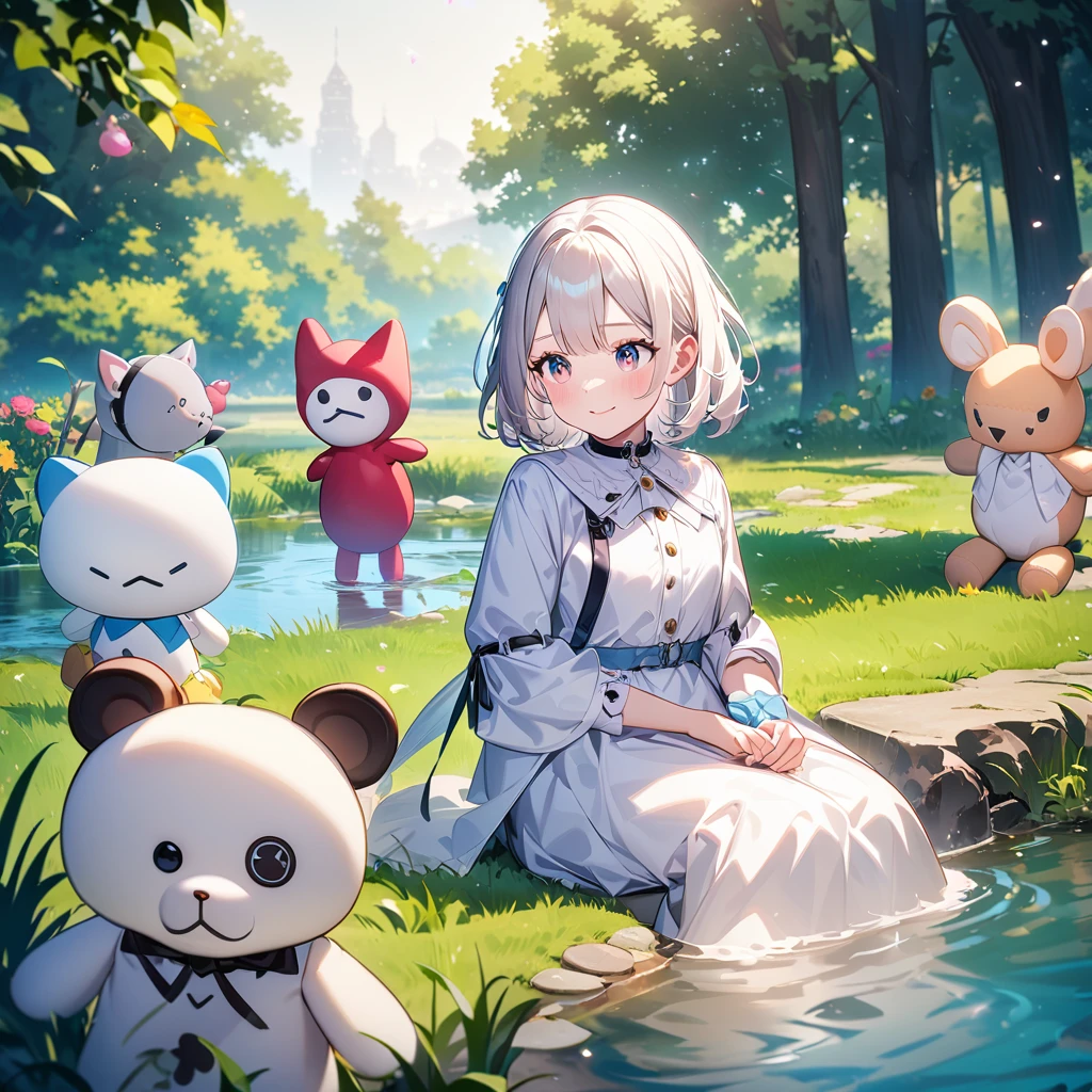  near the pond, (White clothes), Fresh color scheme, there's a stuffed toy, Gallery Art, Popular CG Station, Li Song&#39;s illustrations, Soft Anime, standing on a water lily pad,  sitting on a lotus flower , Cute digital art e meticulosa,  cute art style , In the lagoon, Yang Jay., Cute digital art, Gwitz, There's a girl sitting on a leaf 