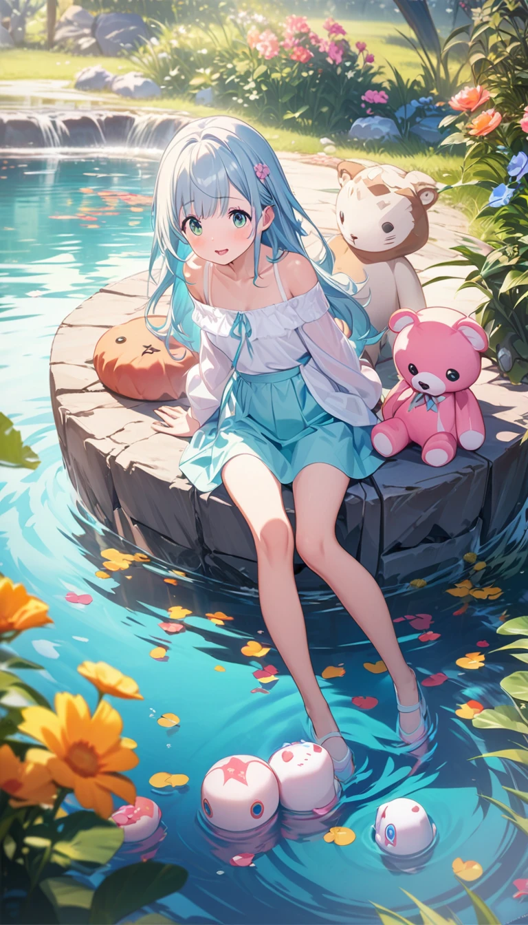  near the pond, (White clothes), Fresh color scheme, there's a stuffed toy, Gallery Art, Popular CG Station, Li Song&#39;s illustrations, Soft Anime, standing on a water lily pad,  sitting on a lotus flower , Cute digital art e meticulosa,  cute art style , In the lagoon, Yang Jay., Cute digital art, Gwitz, There's a girl sitting on a leaf 