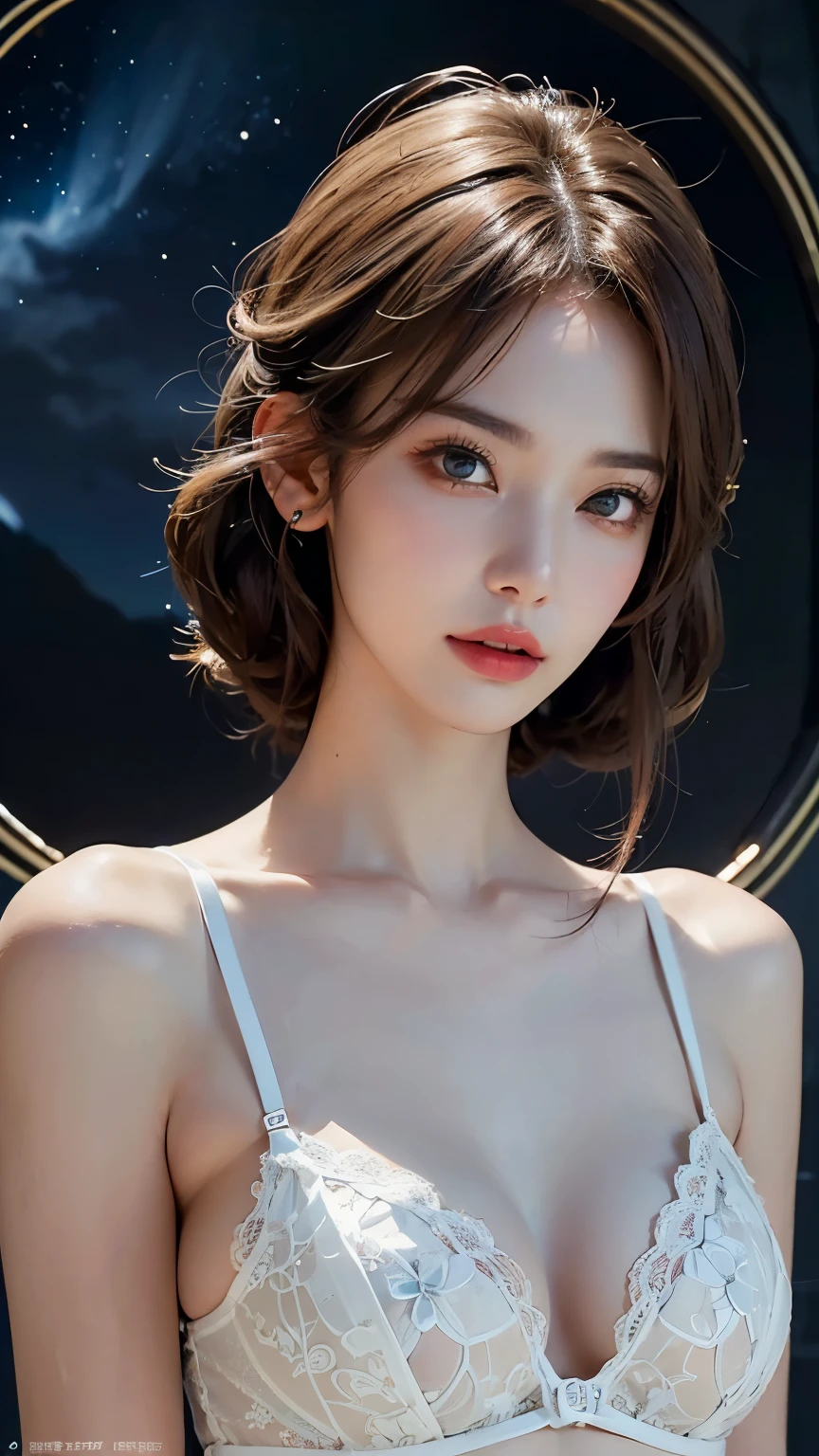 ((No NSFW)), Best quality, masterpiece, ultra high res, 8K, (photorealistic:1.5), raw photo, female model solo girl, off-shoulders, in the dark, deep shadow, low key, cold light, sexy body, beautiful eyes, beautiful face, aesthetic face, harmonious face, short-long wavy hair, layer cut hair,  beautiful firm and round breasts, bouncy breasts, loose (white business uniform suit) under nothing, open chest, Cleavage, bare shoulders, beautiful areolas and nipples. Female model girl is not wearing any underwear and any bra and any lingerie and any shoulder straps. Fair and clear skin. (No NSFW). No fused clothes.