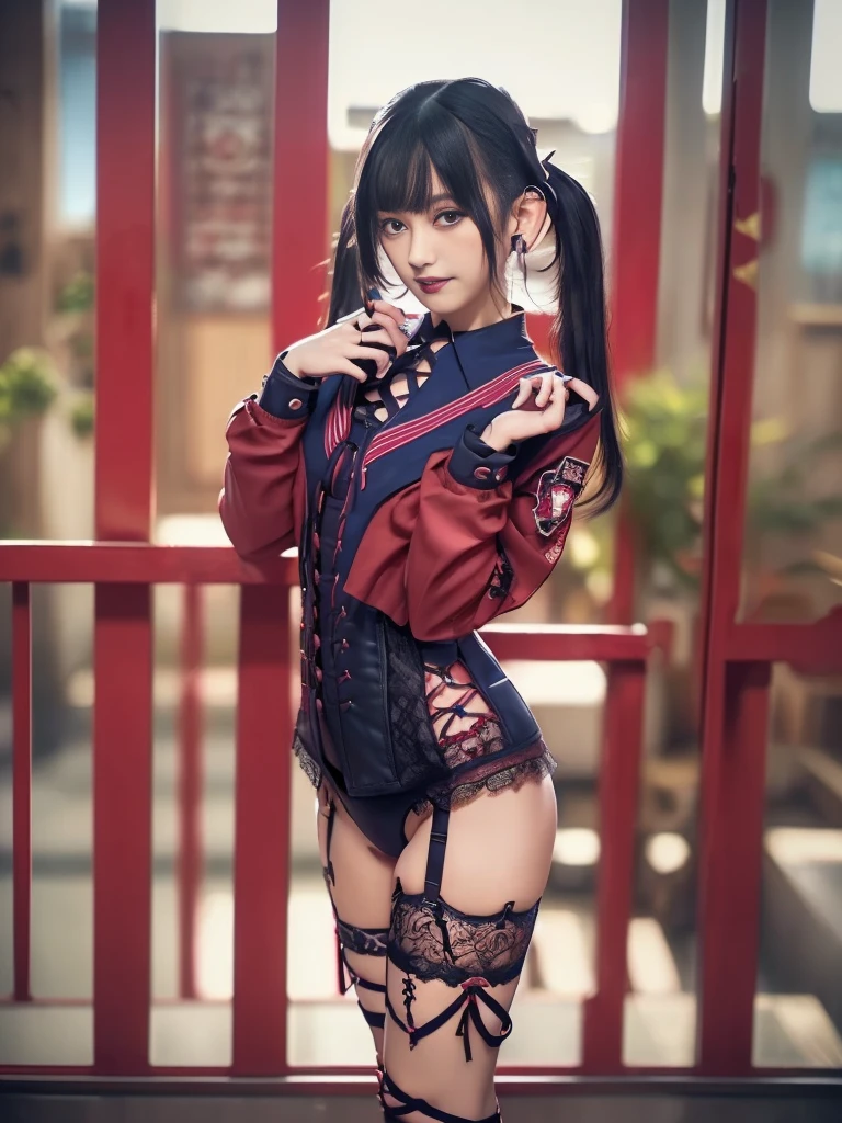 Geisha Harley Quinn as a Korean police officer counting money in a bank vault, pistol on her waist, police belt, Old Boy film style, military shirt unbuttoned revealing her breasts fully, thick camel toe exposed, large breasts exposed, nearly naked, Black hair bangs, (8k, RAW photo, photorealistic: 1.25), ( lip gloss, highest quality, ultra high resolution, depth of field, chromatic aberration) Staring at the viewer, hemp necklace, Rolex watch, choker, full body, bare legs, see-through military shirt, tight red bikini panties, Korean police badge, perfect hands, perfect feet, large ass, perfect body