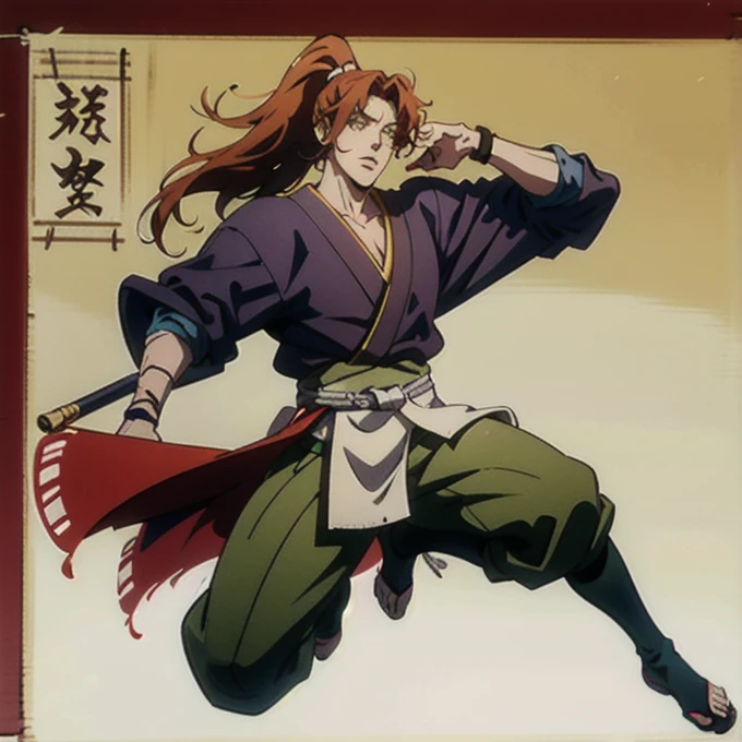 Very highly detailed full body portrait of a masculine handsome young man ((solo)) in shinobi dark clothes, character illustration , with very long unruly red hair in a ponytail, with hazel yellow eyes, anatomically correct. elegant posing. Highly detailed, In shin-hanga style of Yoshida Hiroshi, cinematic, absurdres, masterpiece
