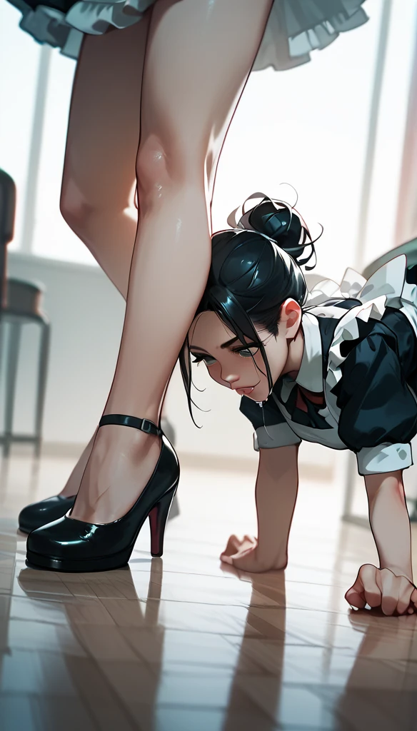 Anime Women, Maid, raised leg, Stomping of feet on throat, looking down, head out of frame, throw