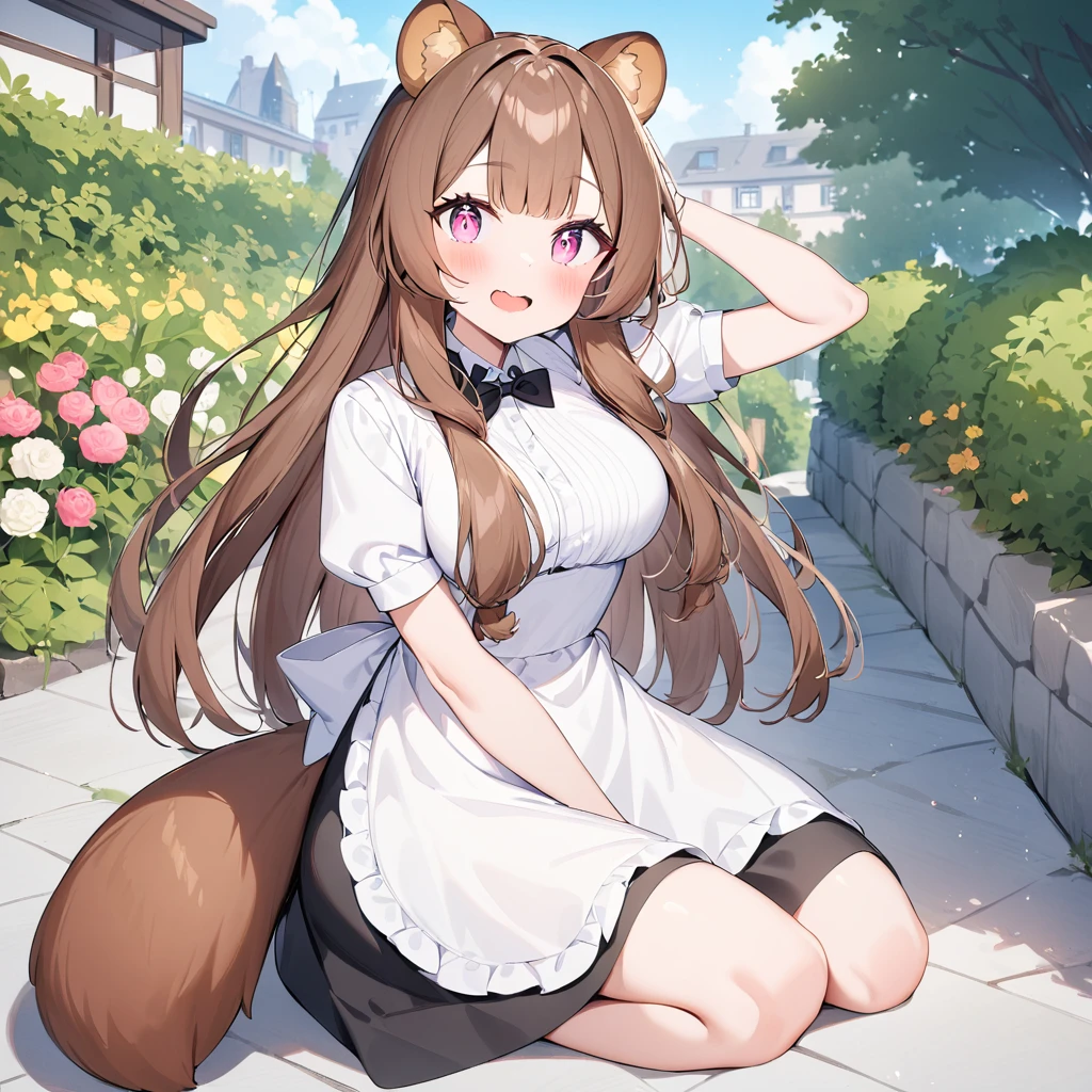   score_9, score_8,  ((( perfect face))), (medium breasts),  focus on the chest , Full body view, { viewers},(Brown Hair), (bangs), (Long Hair), (Animal ears), (Raccoon Ears), (Raccoon Girl), (Raccoon Tail),  1 girl, Raphtalia, (Pink Eyes), (Detailed eyes), ( perfect eyes), garden, Clevis, Outdoor, Maid Outfit Classic