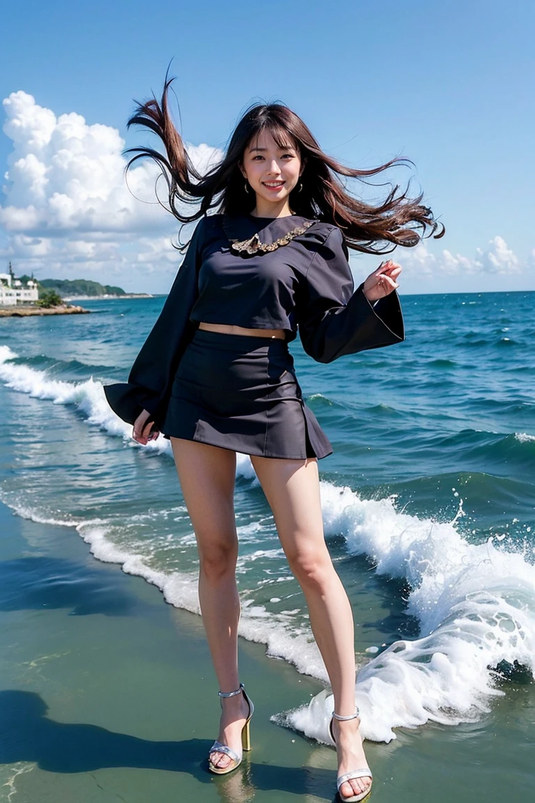Innocent Japan girl,High Teens,Standing figure (Detailed body,バストがsmall,small,Willow Waist,Big breasts and small waist,Big buttocks,Thick thighs) (Detailed Photo Composition,sand beachに背を伸ばしてStanding,full-body shot,full-body shot,Shooting straight ahead,Standing,I'I低头看) (Delicate face,Long and narrow facial features,Smile,Pointy cheeks,Round chin,Beautiful nose) (Delicate eyes,Looking at the camera,Cheek Slimming,Round chin,Squinting,beautiful eyes,Deep blue eyes) (Fine hair,Bob hair cut,Some brown hair) (Detailed clothing,Horizontal striped bikini) (Detailed shooting location,beach,sand beach)