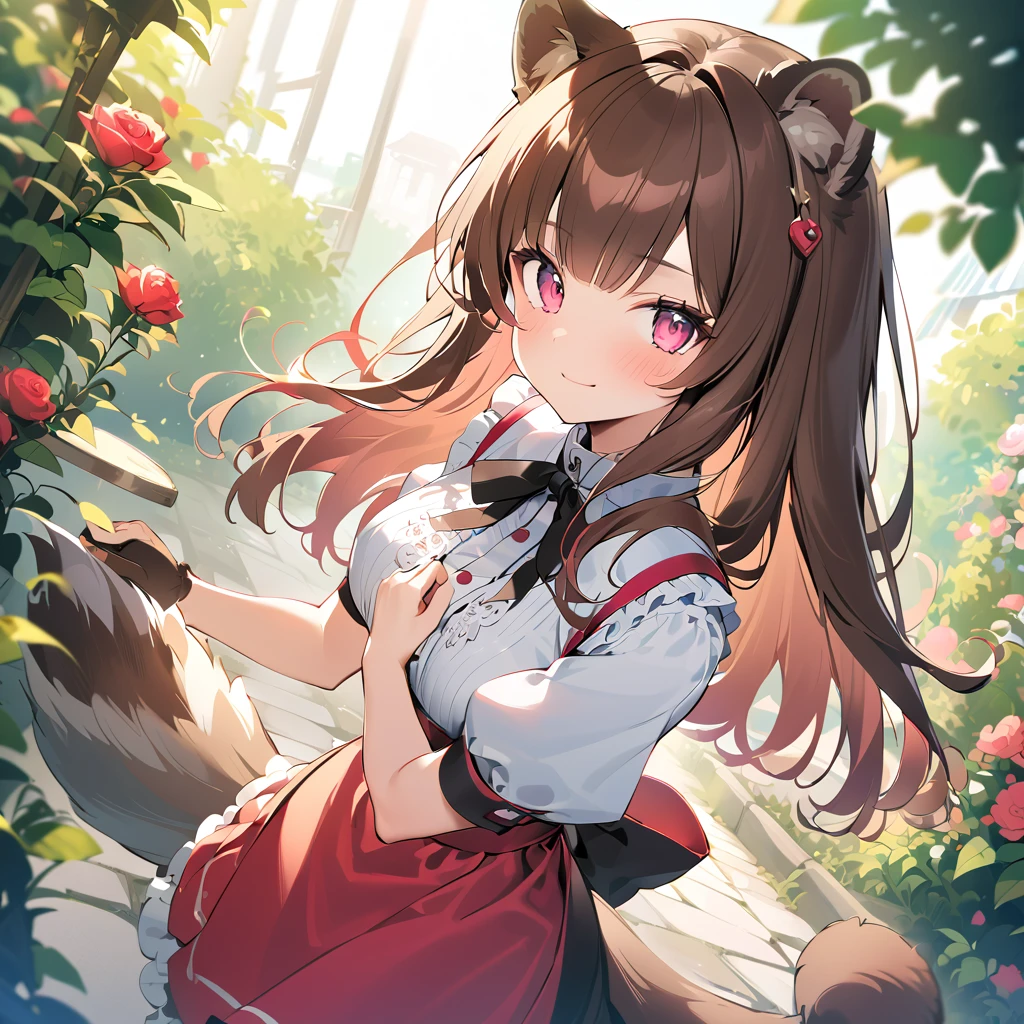   score_9, score_8,  ((( perfect face))), (medium breasts),  focus on the chest , Full body view, { viewers},(Brown Hair), (bangs), (Long Hair), (Animal ears), (Raccoon Ears), (Raccoon Girl), (Raccoon Tail),  1 girl, Raphtalia, (Pink Eyes), (Detailed eyes), ( perfect eyes), garden, Clevis, Outdoor, Maid Outfit Classic