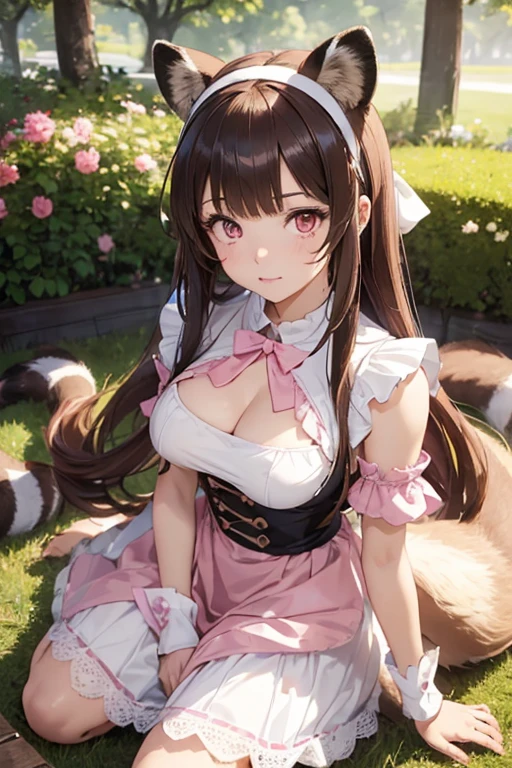   score_9, score_8,  ((( perfect face))), (medium breasts),  focus on the chest , Full body view, { viewers},(Brown Hair), (bangs), (Long Hair), (Animal ears), (Raccoon Ears), (Raccoon Girl), (Raccoon Tail),  1 girl, Raphtalia, (Pink Eyes), (Detailed eyes), ( perfect eyes), garden, Clevis, Outdoor, Maid Outfit Classic