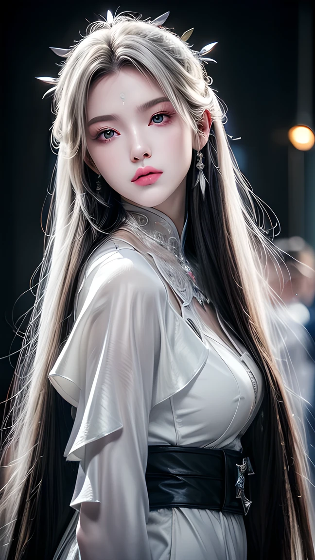masterpiece, Best quality, Nearly perfect, (Perfect face:1.1), (High Detail:1.1), drama, (1 person), has fair skin, (Pure white long hair:1.4), White eyes, Otto Seppalainen, Solitary, Long white hair, White luxury suit, Cover your belly button, Snob, Albinism, Luminous Studios Graphics Engine, Pout, Demon Magician, Volumetric Lighting, detailed eyes , (8k wallpaper masterpiece), Super detailed, Intricate details, Absolute pixel perfection, Rosette, Fashion, side, Looking at the audience, Balenciaga style,No teeth showing,Not blurry。